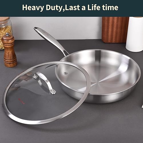 Miniatura 7 de DELARLO Juego de sartenes de acero inoxidable de tres capas de 8 pulgadas, 10 pulgadas, 12 pulgadas, con 3 tapas de inducción, sartenes grandes,