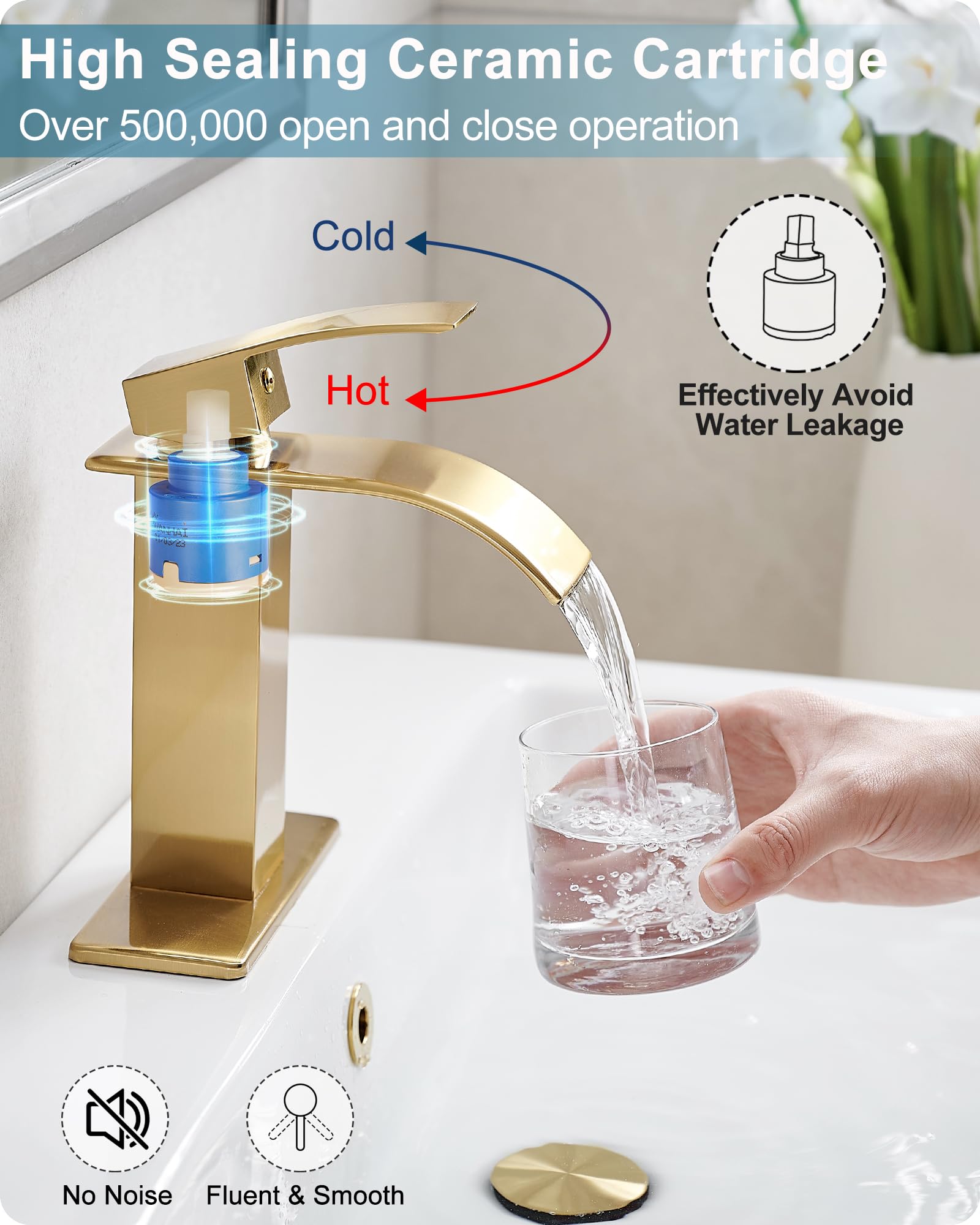 Grifo de baño Dorado con Efecto Cascada, grifos de baño de latón de un Orificio o de Tres Orificios de 4 Pulgadas, Grifo de Lavabo de baño Monomando con Placa de Cubierta y desagüe.