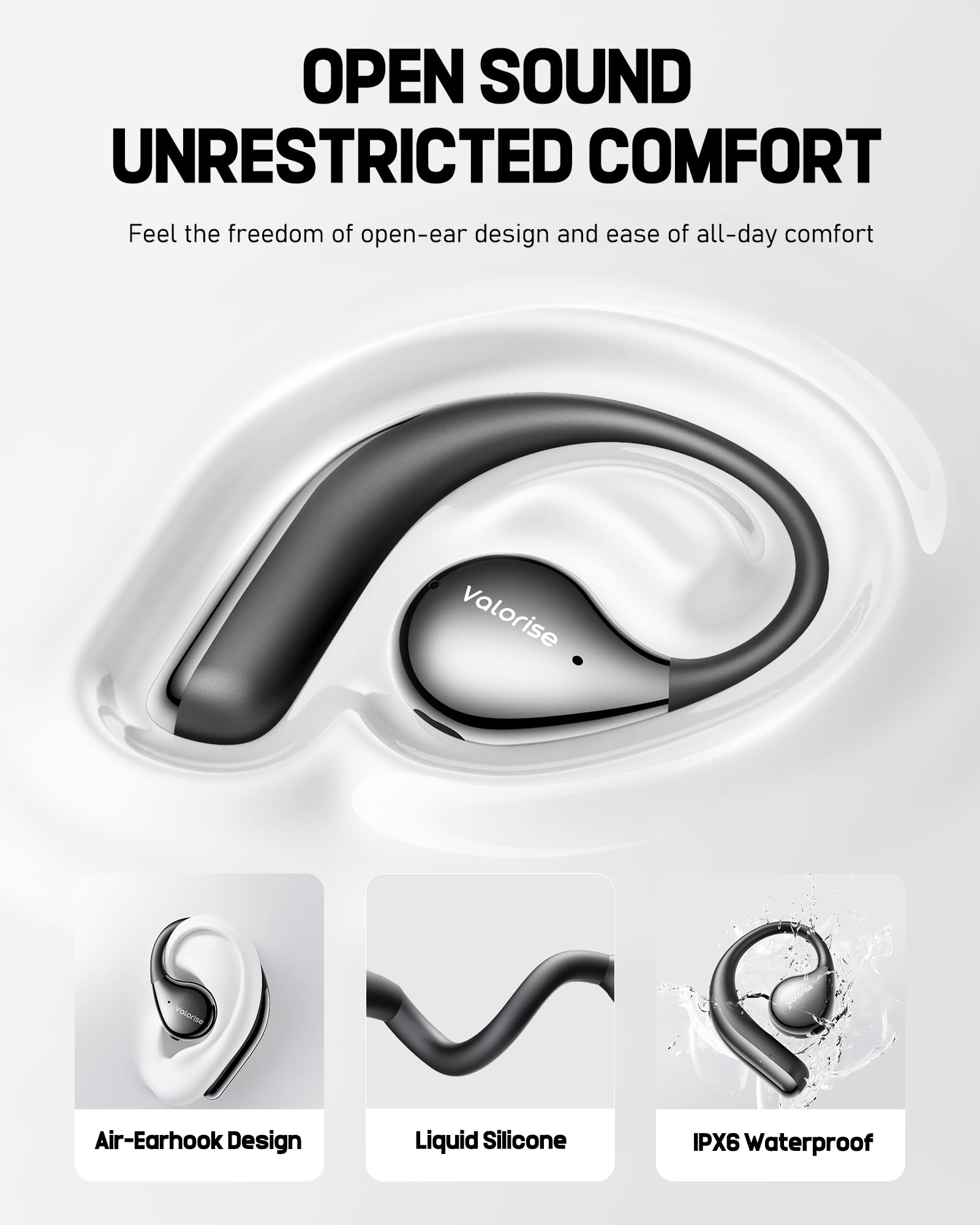 OWS - Auriculares inalámbricos de conducción ósea T60, auriculares abiertos con ganchos para los oídos, Bluetooth 5.4, graves profundos, ligeros y resistentes, 25 horas de reproducción, IPX6