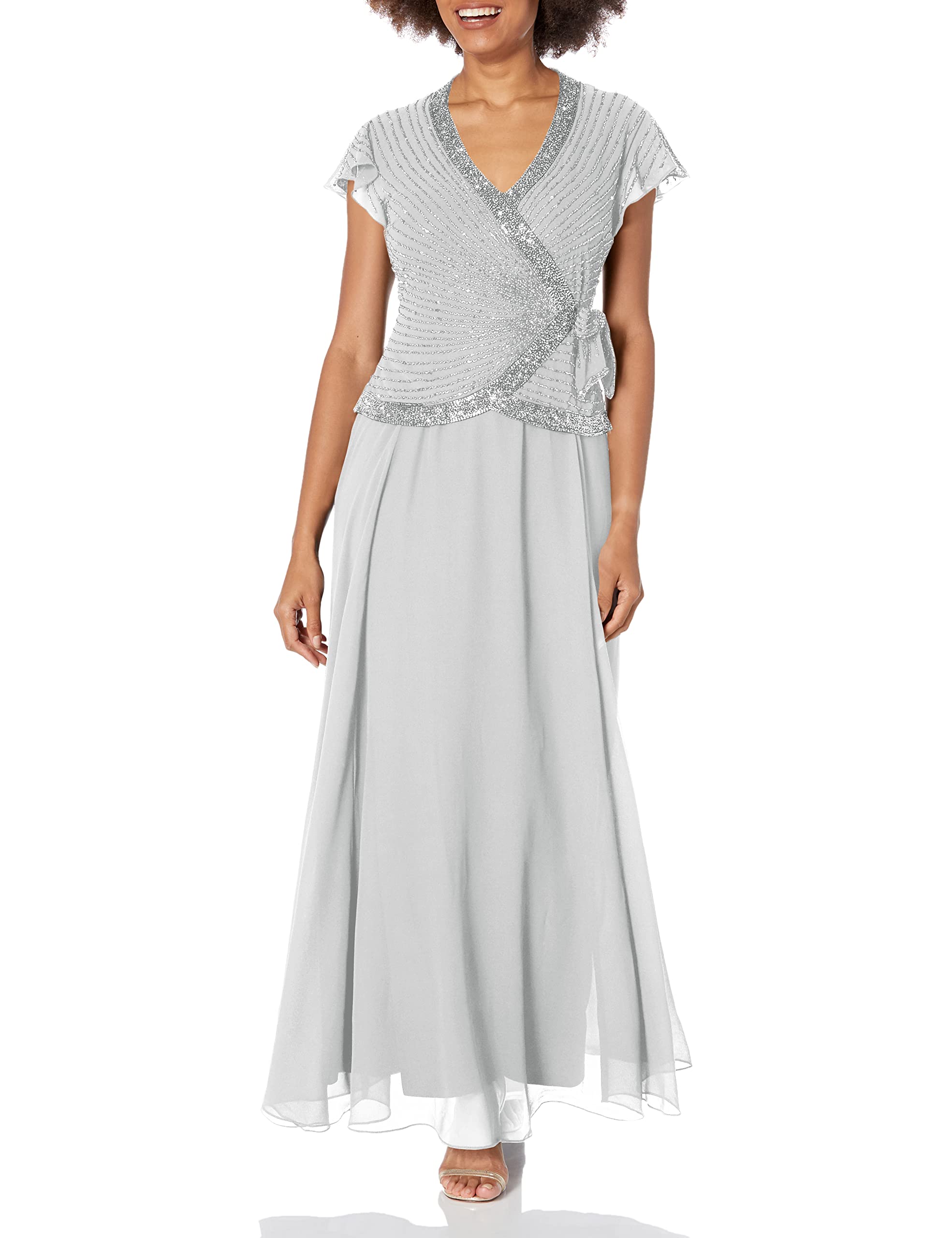 J Kara Women's Petite 3/4 Sleeves Long Beaded Gown With