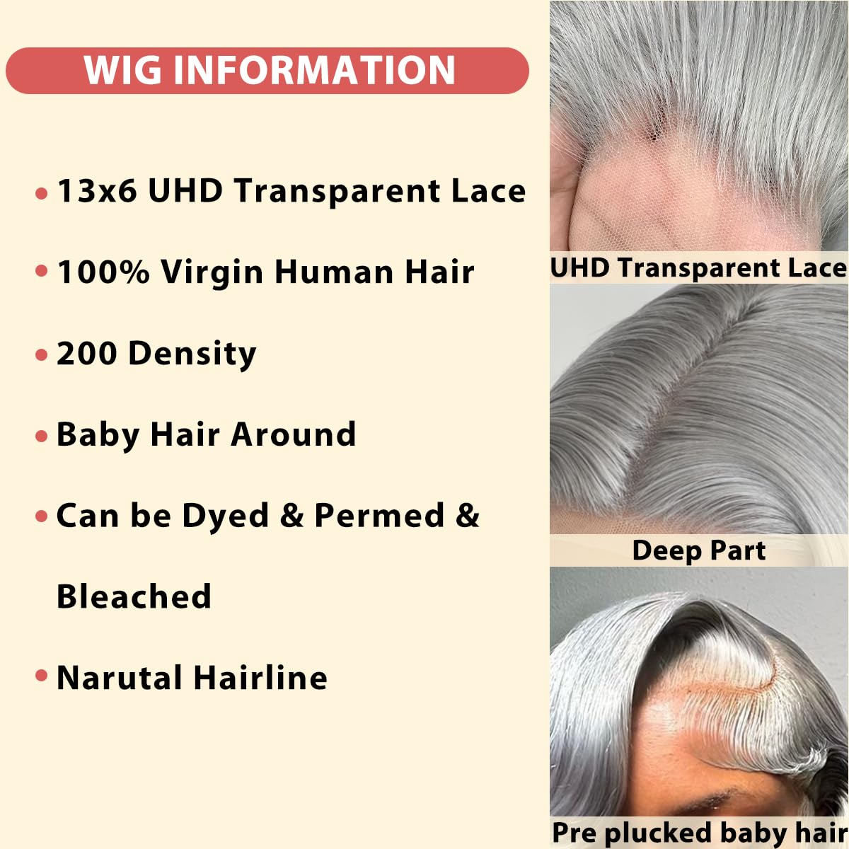 200% Density 13x6 Grey Body Wave Human Hair Wigs UHD Transparent Lace Front Wig Human Hair Pre-Plucked Pre Cut Lace Glueless Wig Colored Brazilian Virgin Hair Wigs For Women 20 Inch