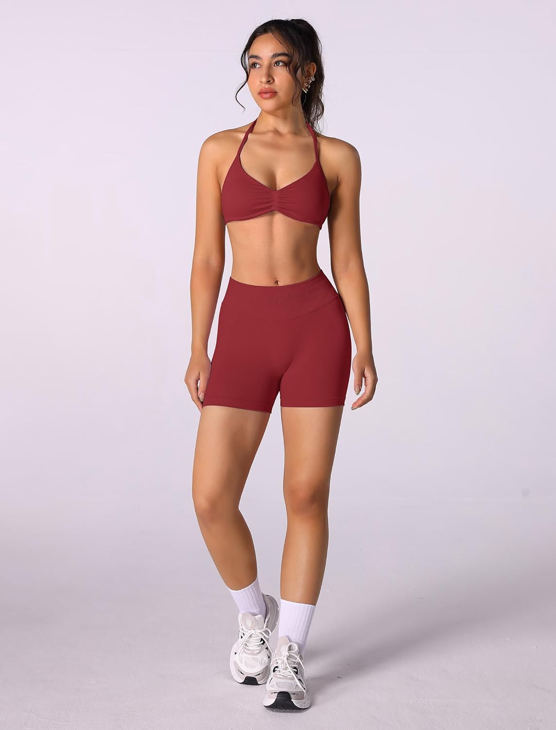 ABOCIW Womens Seamless Workout Sets 2 Piece Strappy Halter Sports Bra Scrunch Butt Shorts Gym Yoga Outfits - Image 6