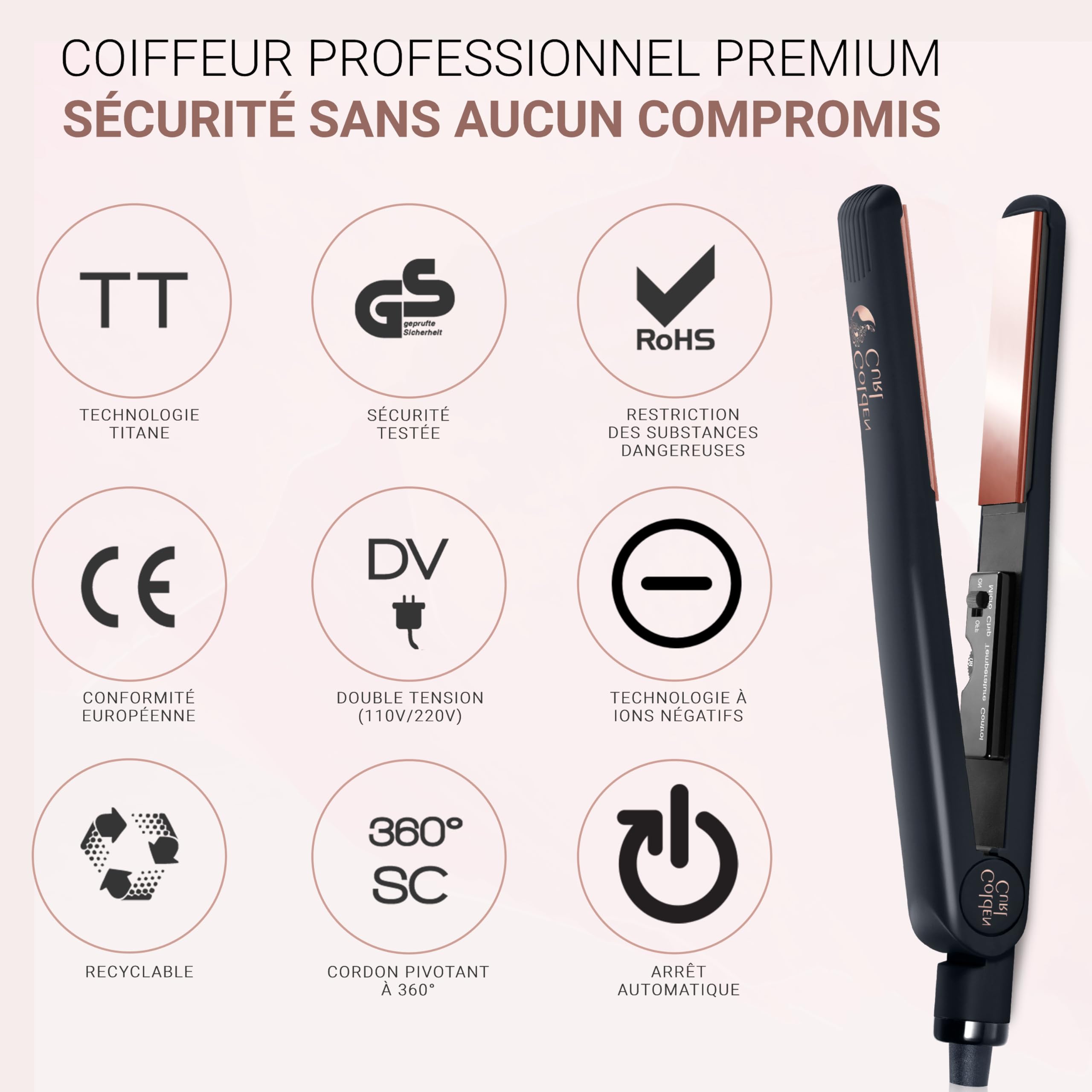 Golden Curl Fer Lisseur Cheveux Professionnel pour Lissage Facile et Rapide | 5 Ans de Tranquillité, Fer à Lisser et Boucleur 2 en 1, Appareil Coiffure Hair Straightener pour Lisser et Boucler (Or Rose)