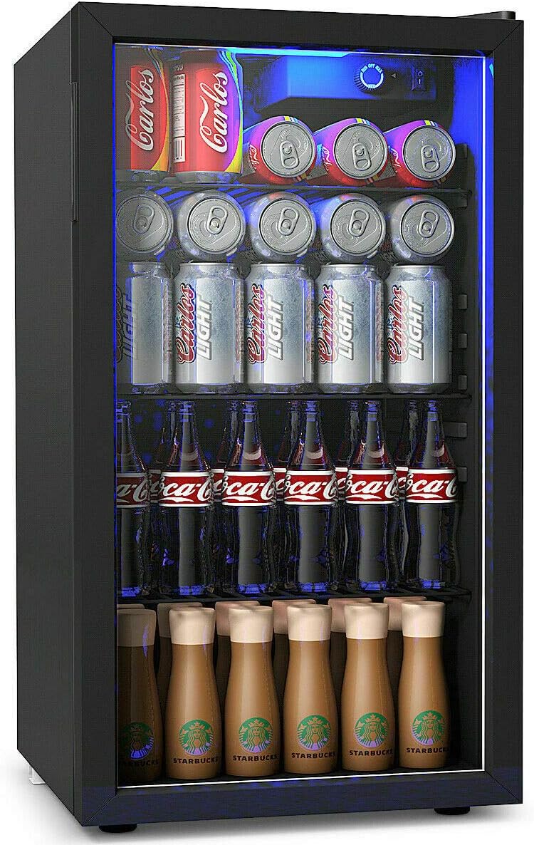 COSTWAY Beverage Refrigerator, 3.2 Cubic Foot Capacity, 120 Can Beverage Cooler with LED Light, Adjustable Thermostat, Removable Shelves, Perfect for Soda, Beer or Wine, Small Drink Dispenser Machine