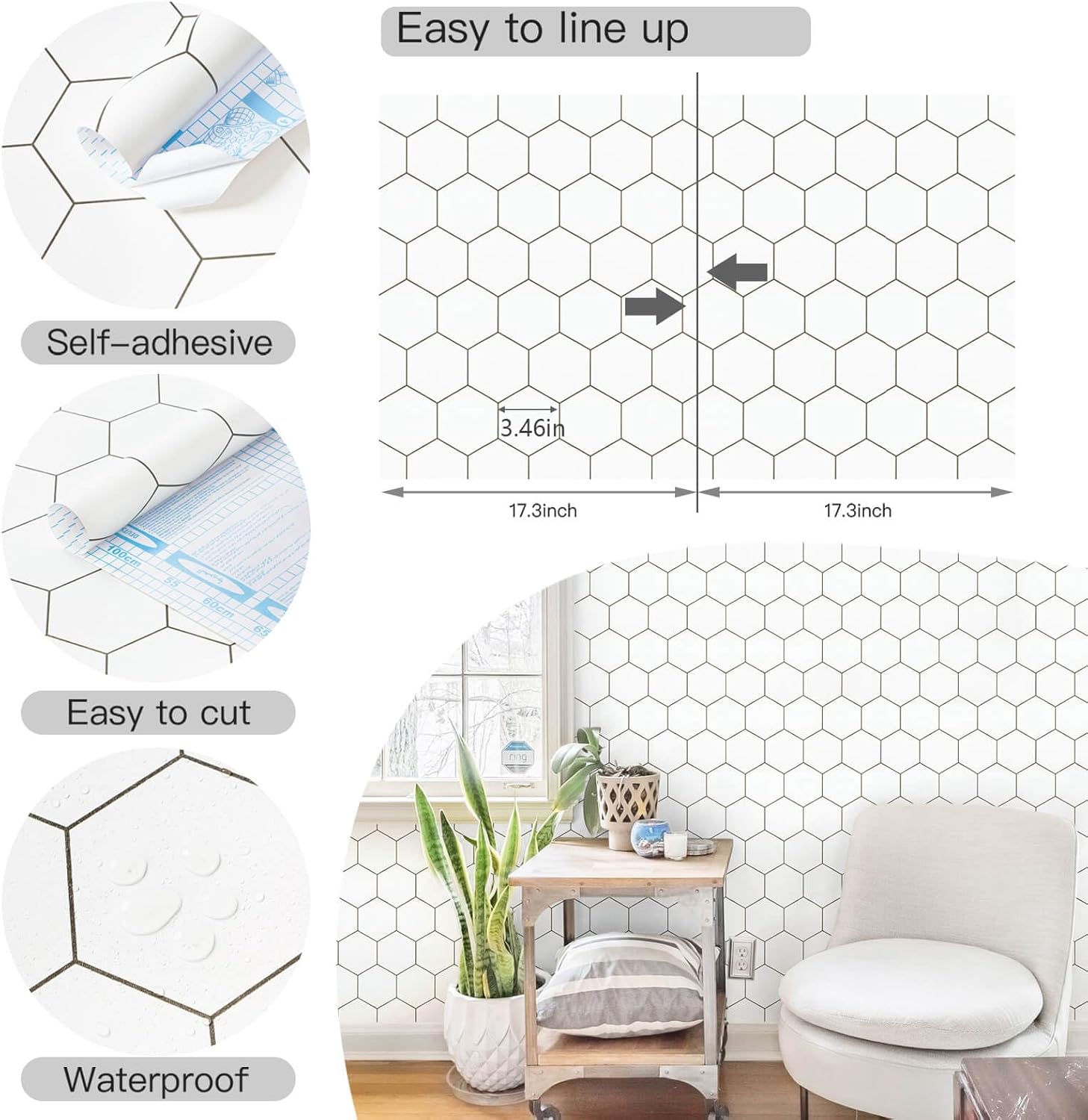 Kitchen Peel and Stick Wallpaper White Wallpaper Contact Paper for Cabinets Bathroom Papel Tapiz para Cocina Renter Friendly Self-Adhesive Waterproof Removable Laundry Room 17.3" × 472"