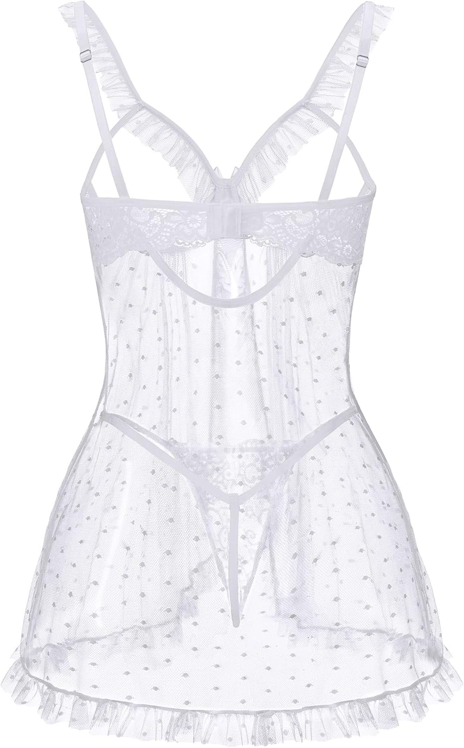 Avidlove Sexy Polka Dots Mesh Sheer Lace Babydoll Open Front Ruffle Chemise Cut Out Nightgown Lingerie With Thong XS-XXL - Image 4
