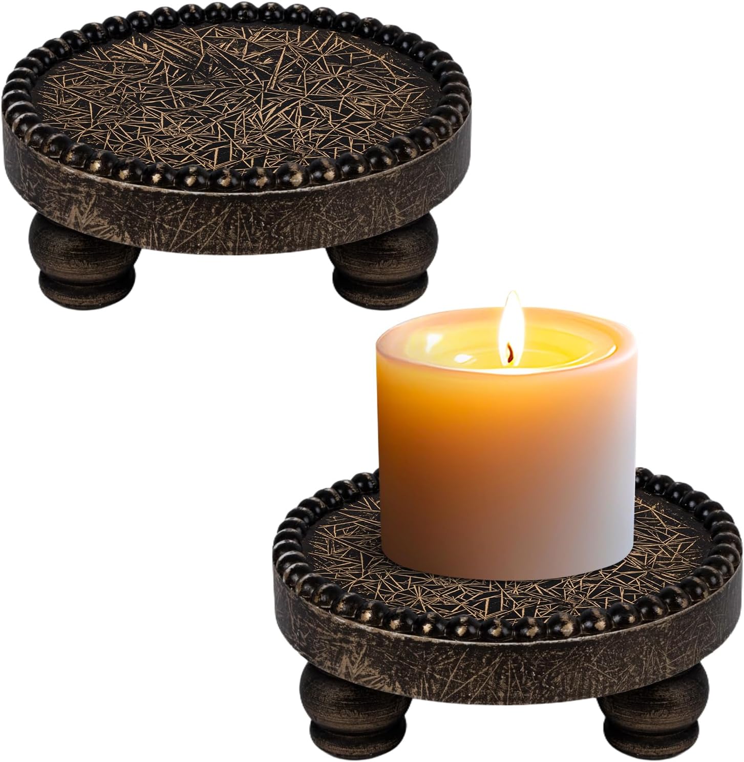 Small Wood Risers for Decor, Round Wooden Display Risers Candle Plates and Trays, Farmhouse Candle Trays Home Decor, Pedestal Stand for Mini Cake, Mug Display Decorative, Table Centerpiece, White