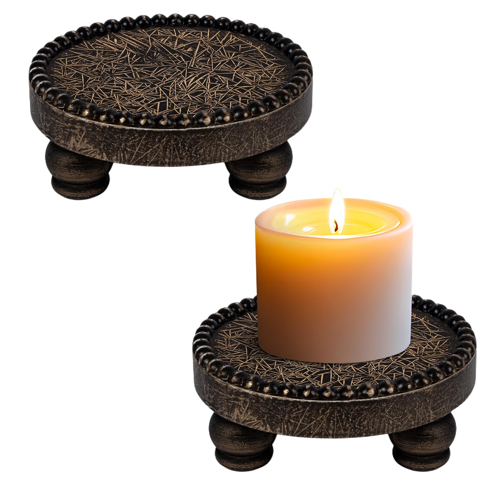 Farmhouse Round Wood Tray Riser, Pedestal Stand with Beaded Edge, Rustic Wooden Candle Trays Decor for Tiered Tray, Candle, Mug Display Decorative, Table Centerpiece, Black Gold