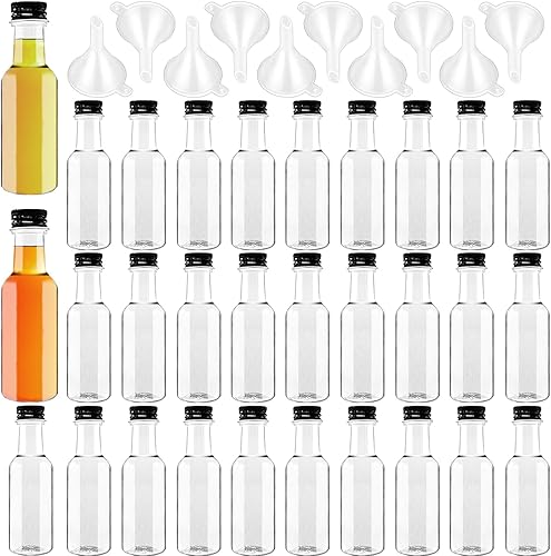 Mini botellas de licor, paquete de 30 botellas herméticas de plástico con tapa negra, 1.7 onzas vacías de alcohol con 10 embudos, miniatura para