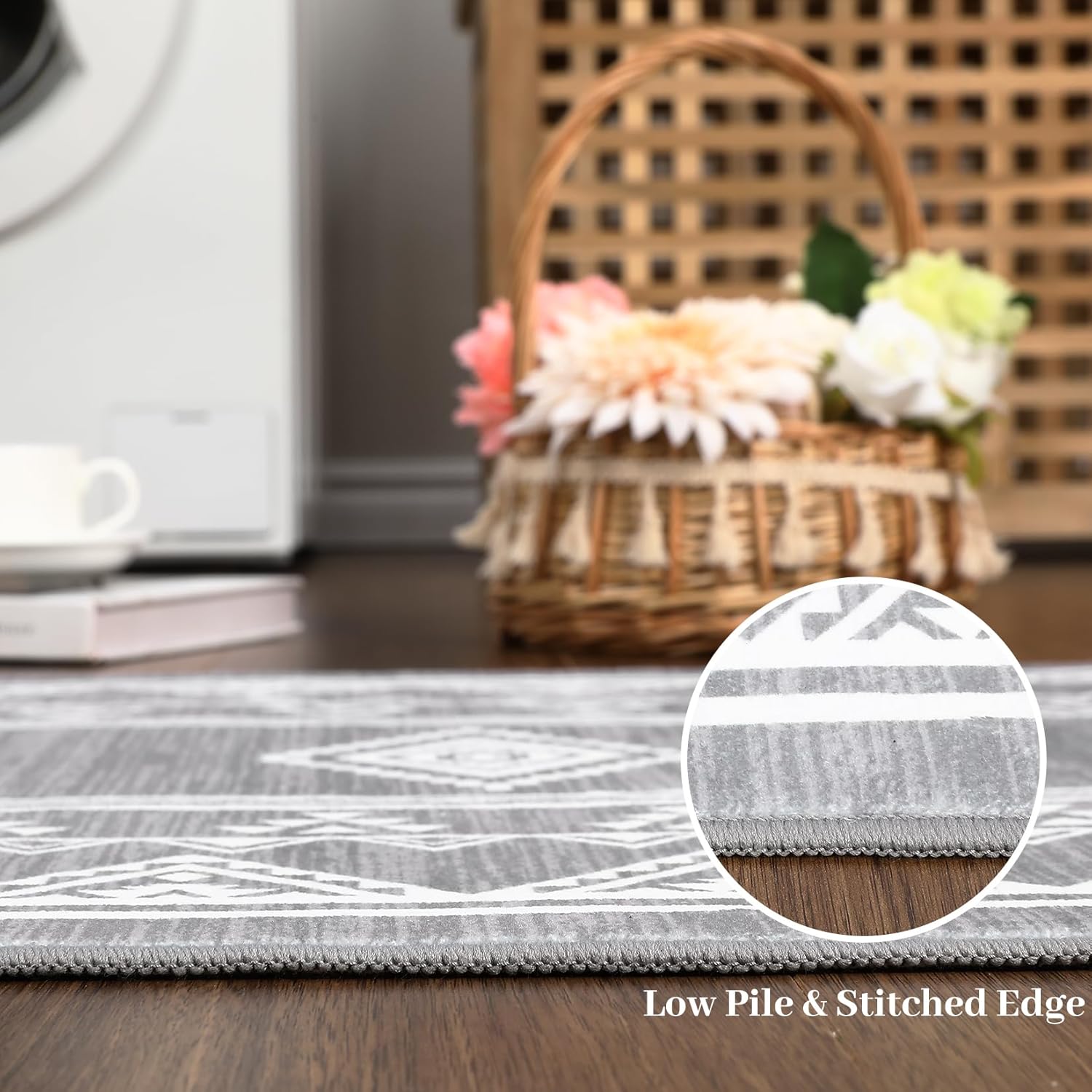 GarveeHome 8x10 Washable Boho Accent Throw Floor Cover Farmhouse Bordered Area Rug Non Slip Low Pile Indoor Bohemian Area Rug Large Living Room Moroccan Dining Room Bedroom Carpet, Grey