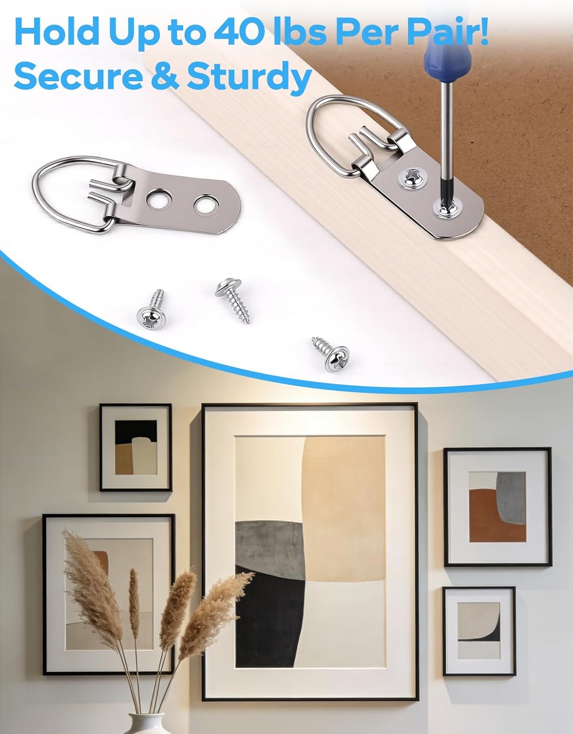 D Ring Picture Hanging Kit with Screws Kit, 30 Double Hole Hangers & 60 Screws with 1 Steel Wire Rope, Professional Wall Hooks for Art Frames and Mirror Wall Mounting Frames Mirrors Canvas