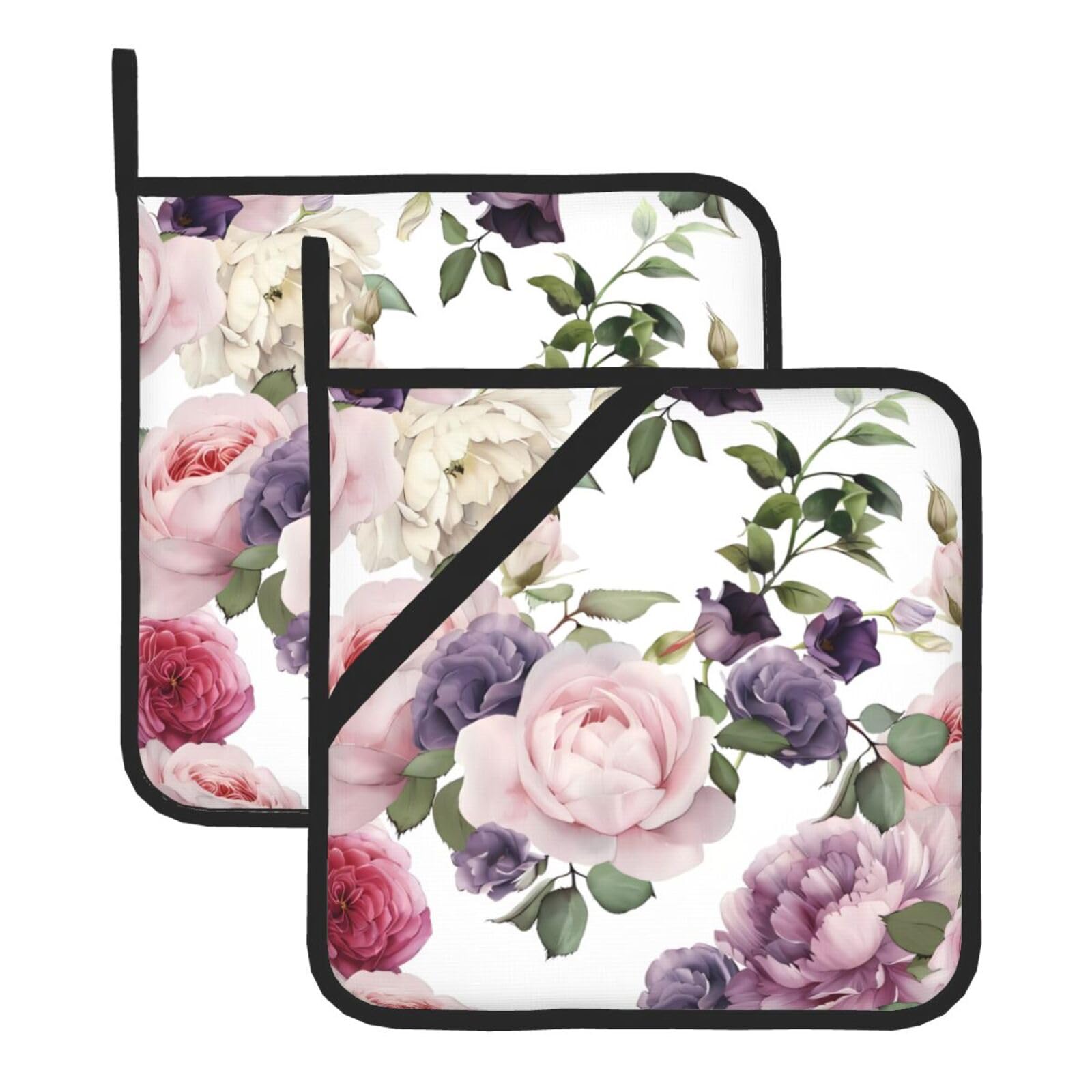 WHJSHOP Rose Prints Square Hot Pads for Kitchen Counter - Thick Heat Resistant Trivets for Microwave & Oven, BBQ Grilling Cover (2 Pack)