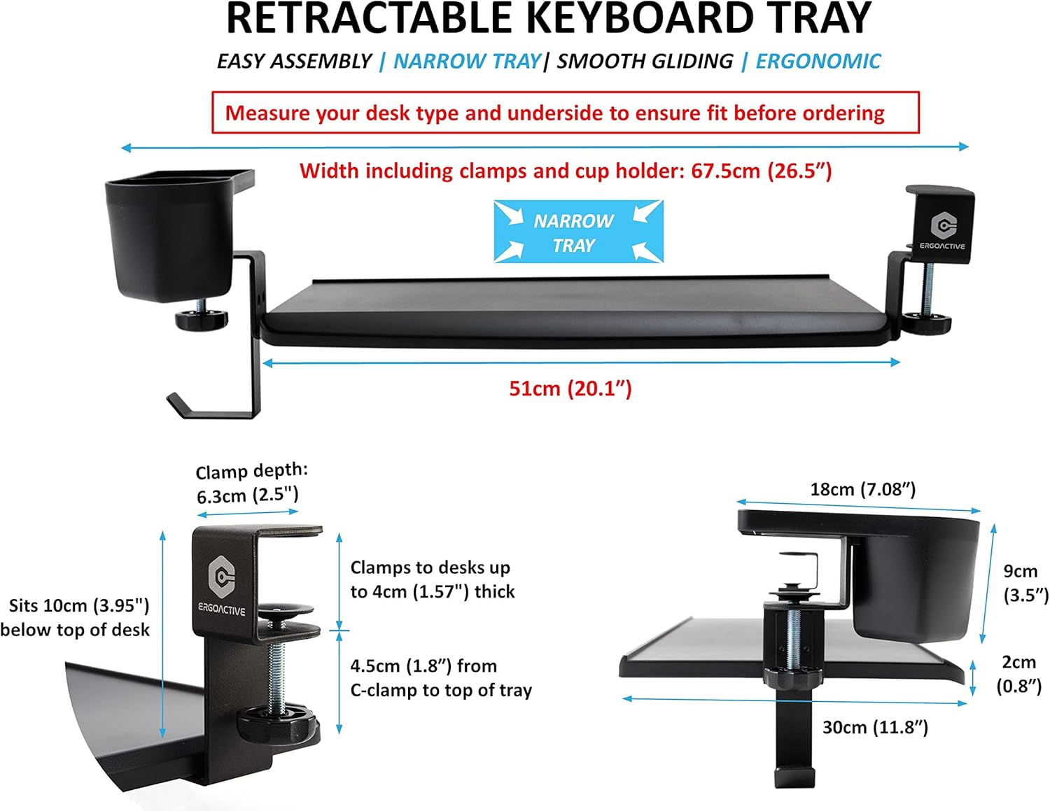 ErgoActive Small Size Keyboard Tray with Multi-Function Cup Holder, Clamp On Easy Installation, Desk Organizer (Small Tray) (with Cup Holder)