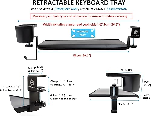 Miniatura 2 de Bandeja de teclado de tamaño pequeño con portavasos multifunción, fácil instalación, organizador de escritorio (bandeja pequeña) (con portavasos)