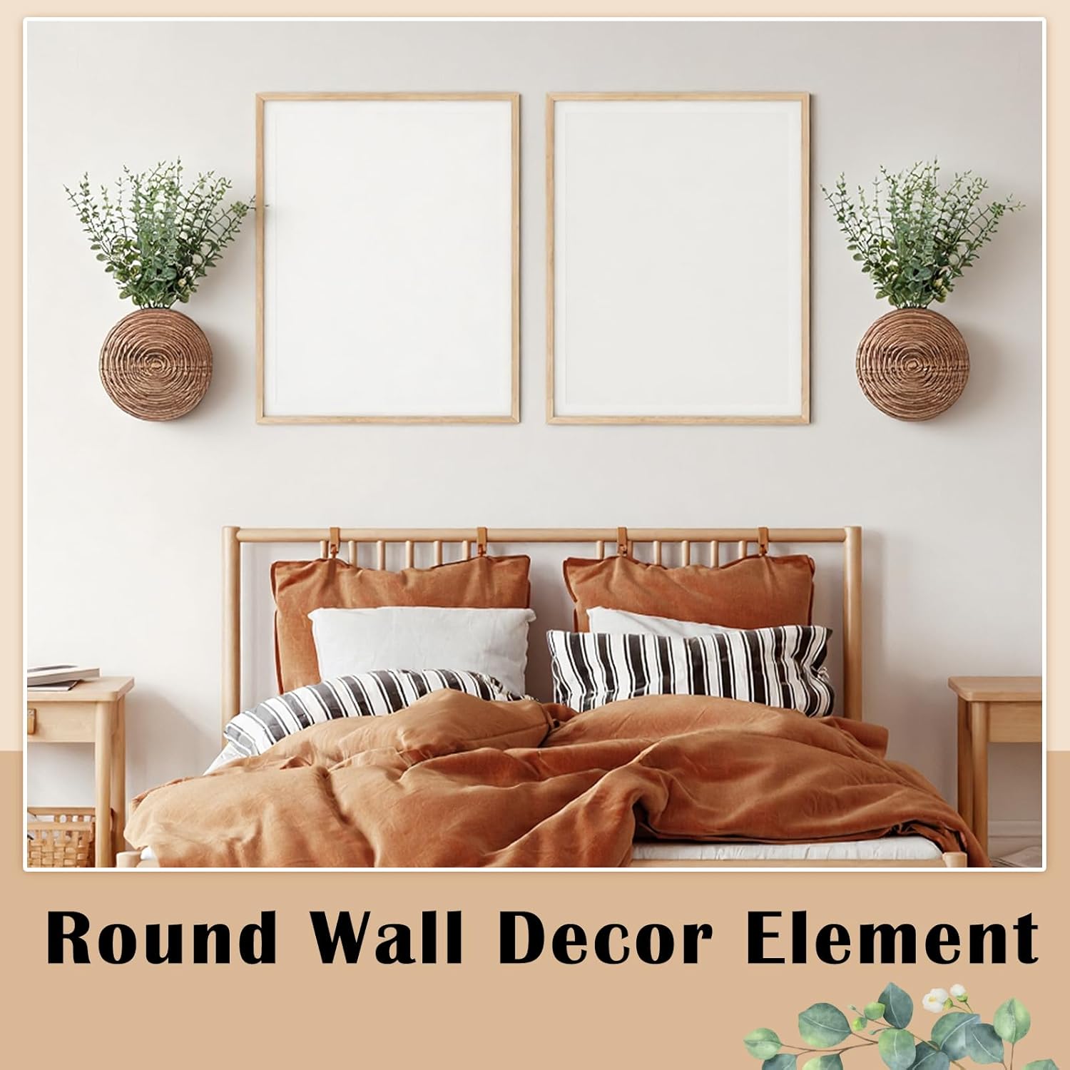 2 Pack Wooden Round Wall Vase for Indoor Plants Boho Modern Farmhouse Wall Decoration for Living Room, Bathroom Entryway, Hallway Artificial Flower Plants