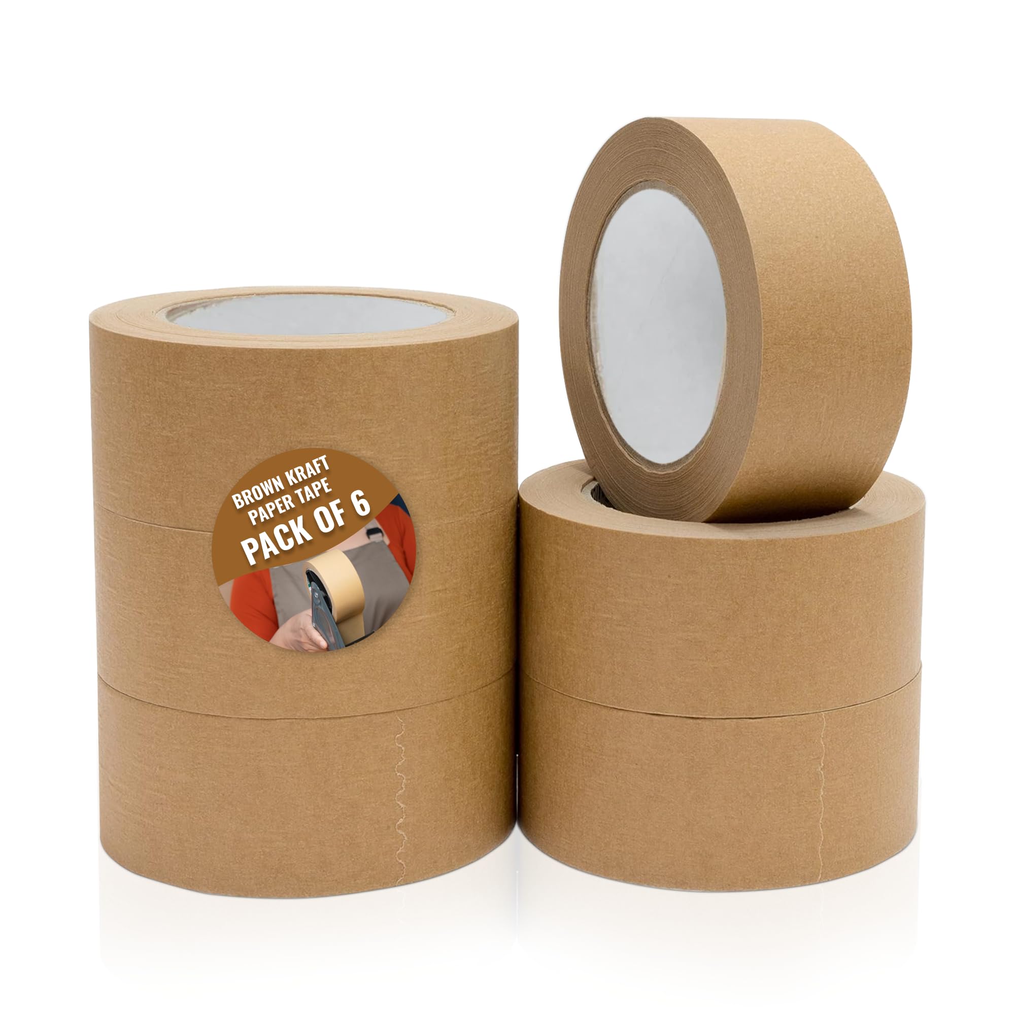Simplz Heavy Duty Kraft Paper Tape 48mm x 50m, 6 Rolls | Brown Self Adhesive Paper Packing Tape, Recyclable Parcel Tape for Boxes, Moving & Shipping