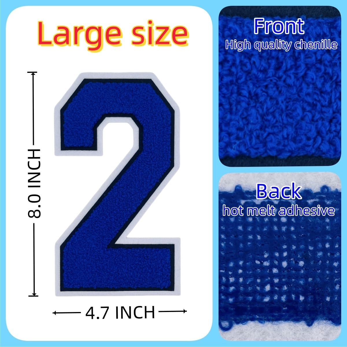 2 Pcs 8.0" Royal Blue Chenille Number Patches, Iron On Appliques for Clothing, Jackets, Backpacks Varsity Style Large Number Patch with White Border (Royal Blue 2)