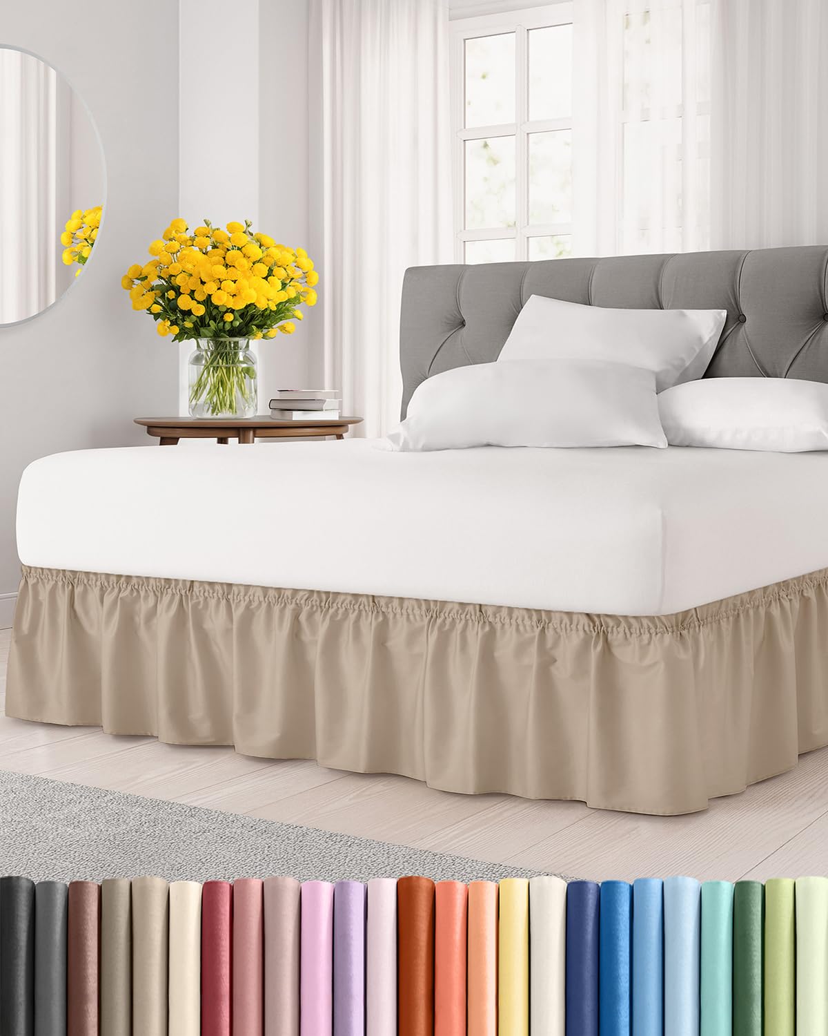 wrap around dust ruffle bed skirt - cream - for queen size beds with 18 inch drop - easy fit elastic strap - adjustable pleated bedskirt w/brushed fabric - wrinkle free - for women, men, kids & teens