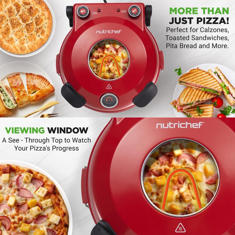 NutriChef Elektryczny piekarnik do pizzy, 1200 W, z kontrolą temperatury i termometrem, okno do precyzyjnego gotowania, podgrzewa do 800 °F, łatwa do czyszczenia, powłoka nieprzywierająca, kolor