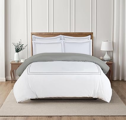 Majestic Giftware Madison Linen 4 Pcs Twin Size Bedding Set (BL56-T-4pcs) Riviera - Gray 400 TC Cotton Sateen Durable & Washable | 1 Fitted Sheet, 1 Duvet, 2 Pillowcases - Noble Collection