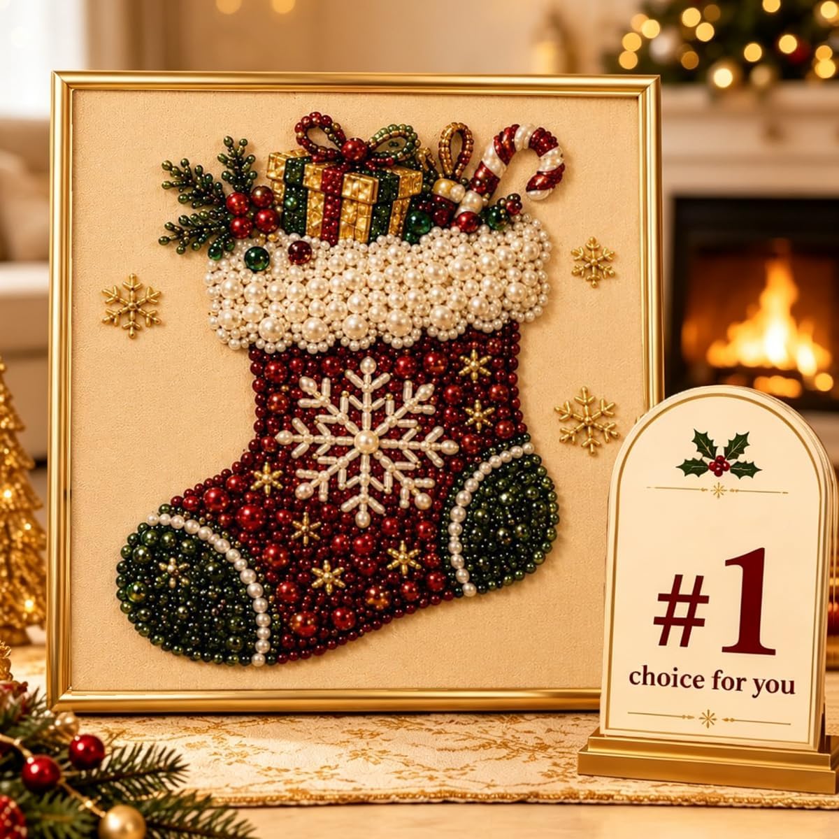 DIY Christmas Pearl Diamond Painting Art Kit with Frame, Christmas Pearl Beads Art Craft for Adults, Gemstone Diamond Dots for Home Wall Decor, Relaxing Creative Hobby