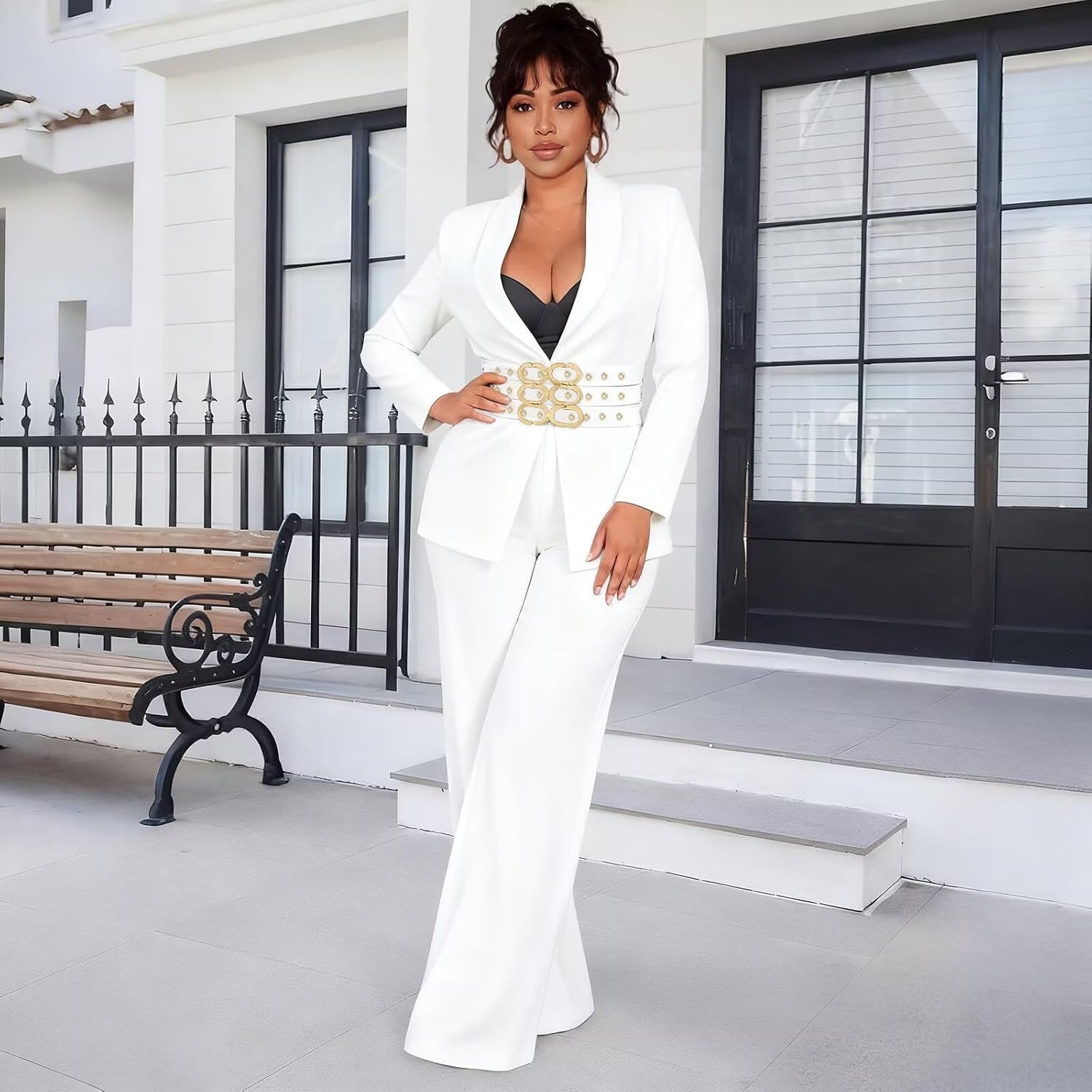 Womens Suits Thick Long Sleeve Belted Blazer and Pants Set Business Casual Interview Outfits with Pockets
