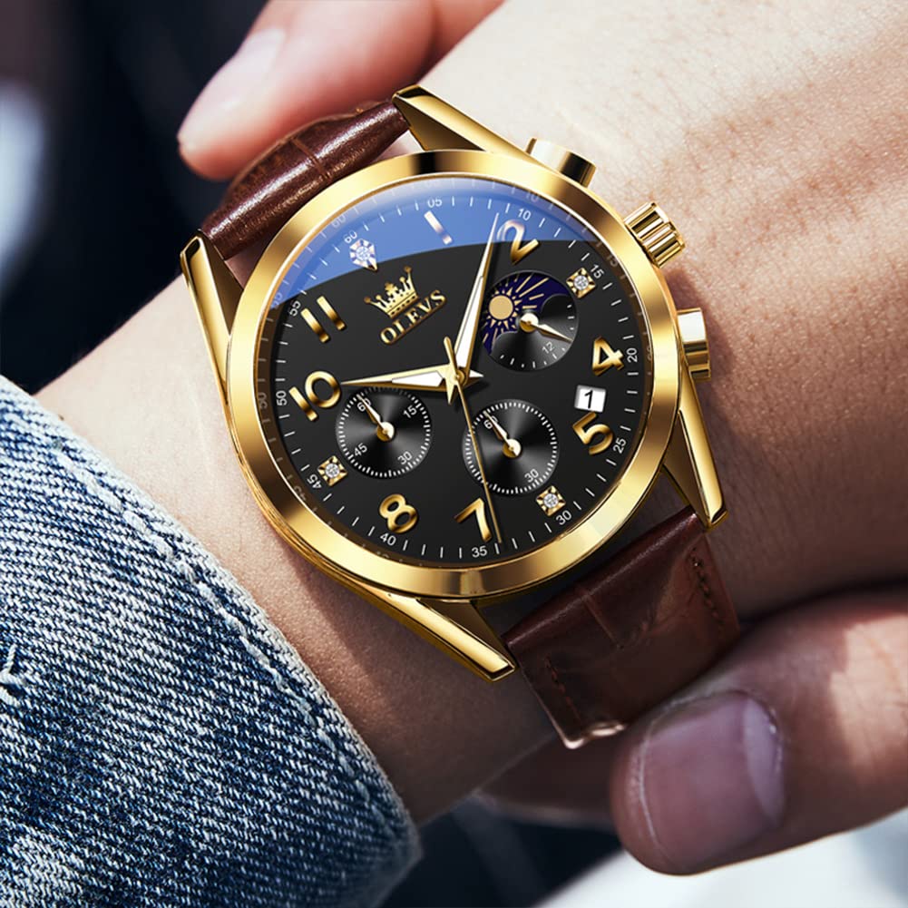 OLEVS Lederuhren für Herren, großes Zifferblatt, wasserdicht, klassische Uhren für Herren, lässige, runde Uhr mit Datum, leuchtend, leicht ablesbar, blau-schwarz-weißes Zifferblatt