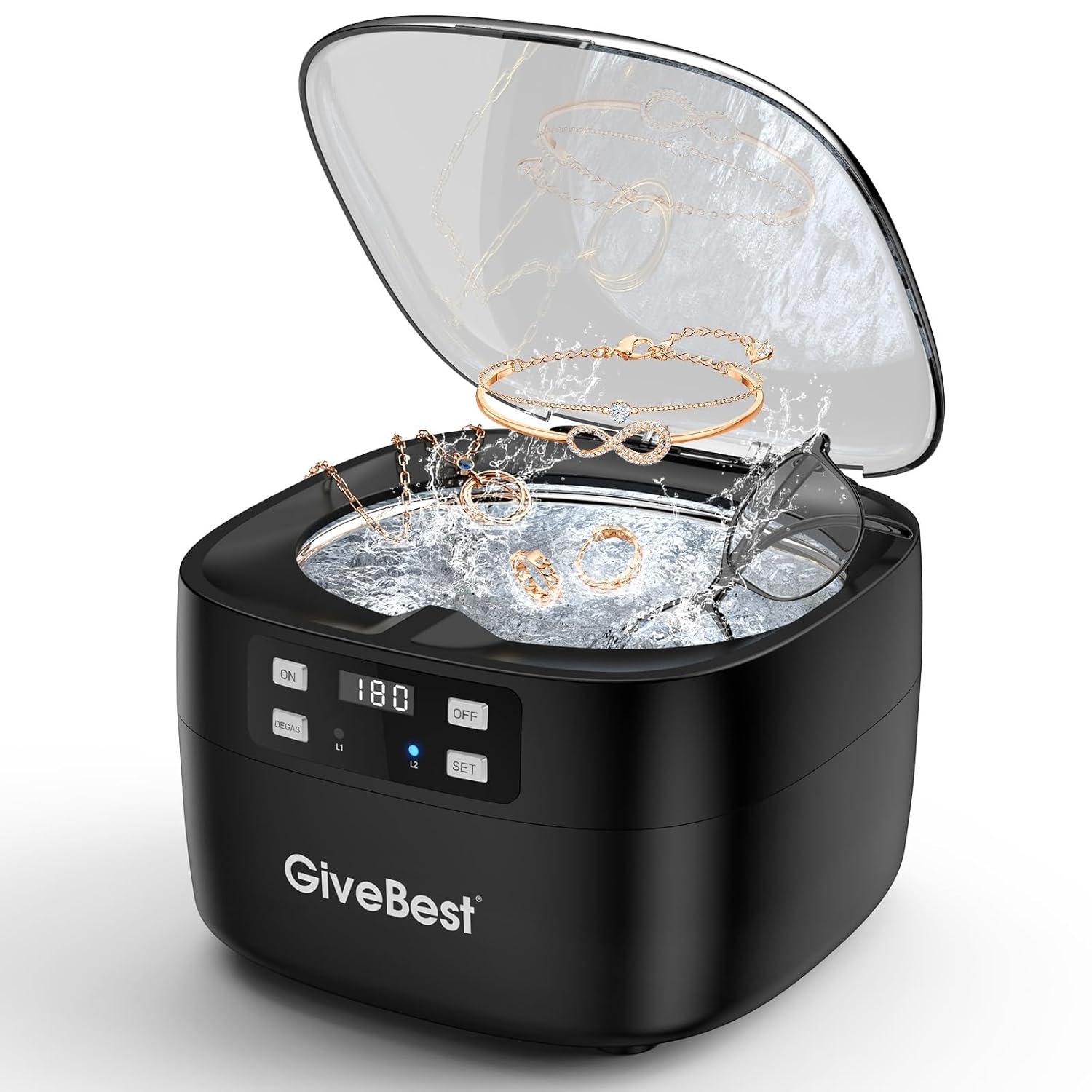 GiveBest 25 OZ Ultrasonic Jewelry Cleaner, 5 Digital Timer, Degassing Function, 43kHZ Jewelry Cleaner Ultrasonic Machine for Rings, Necklaces, Eyeglasses, Coins, Dentures, Watch Straps, Black