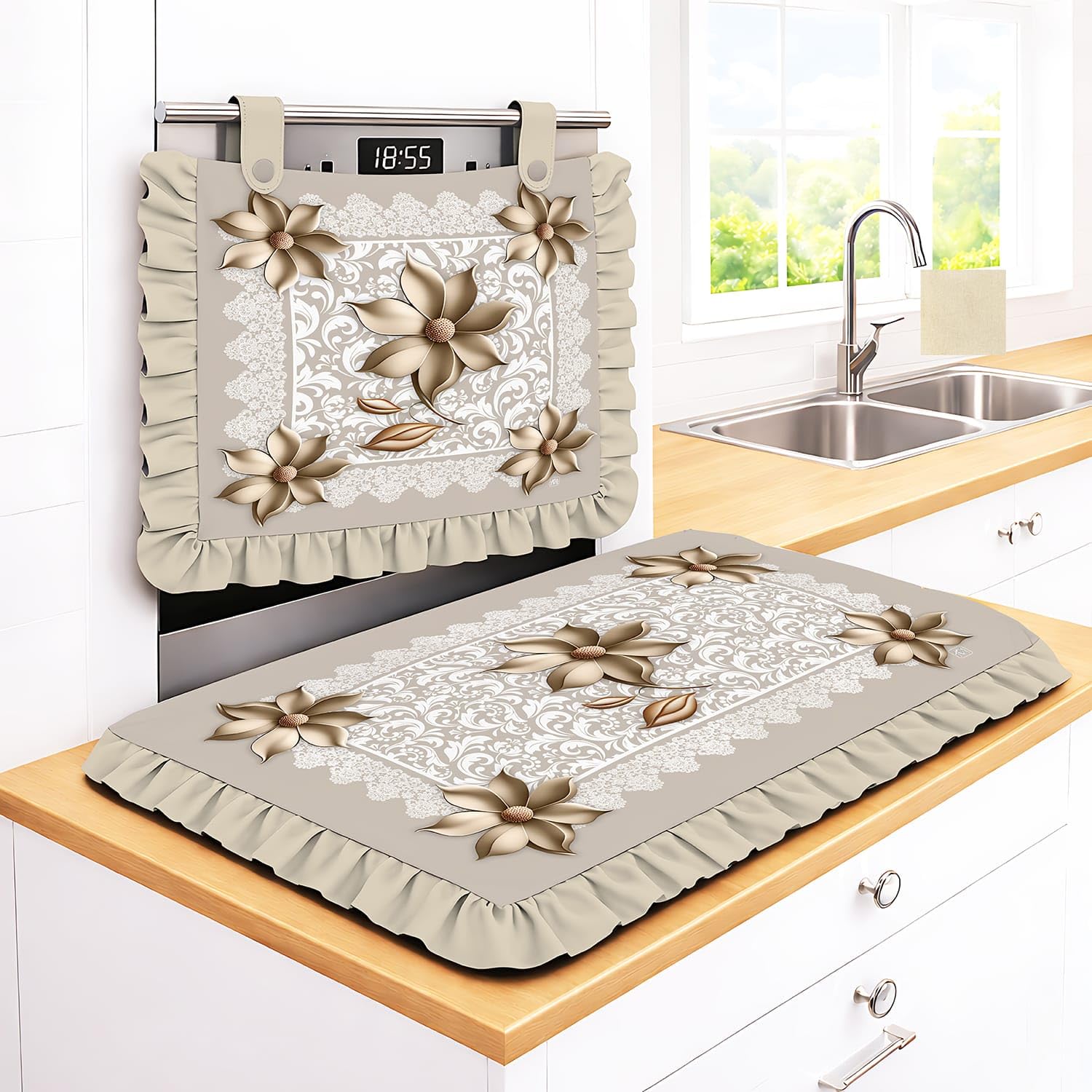 Set Cucina Copriforno 40x50 cm + Coprifornelli 46x70 100% microfibra anallergica Design Fiori Effetto Porcellana e Balze - Protezione Completa 5 Colori stampa digitale 4K Made in Italy (Beige)