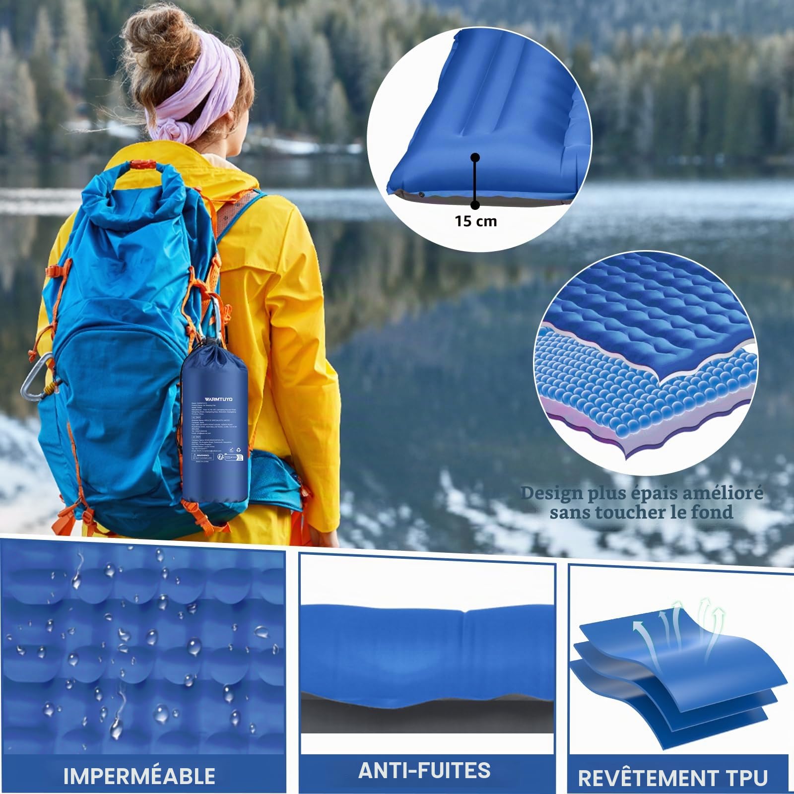 Matelas de Camping, 12CM D'épaisseur Tapis de Couchage avec Oreiller et Pompe à Pied, Couchage D' air Ultraléger, Ripstop, Anti-Fuite, Étanche, Matelas Gonflable pour Camping, Voyage, Randonnée