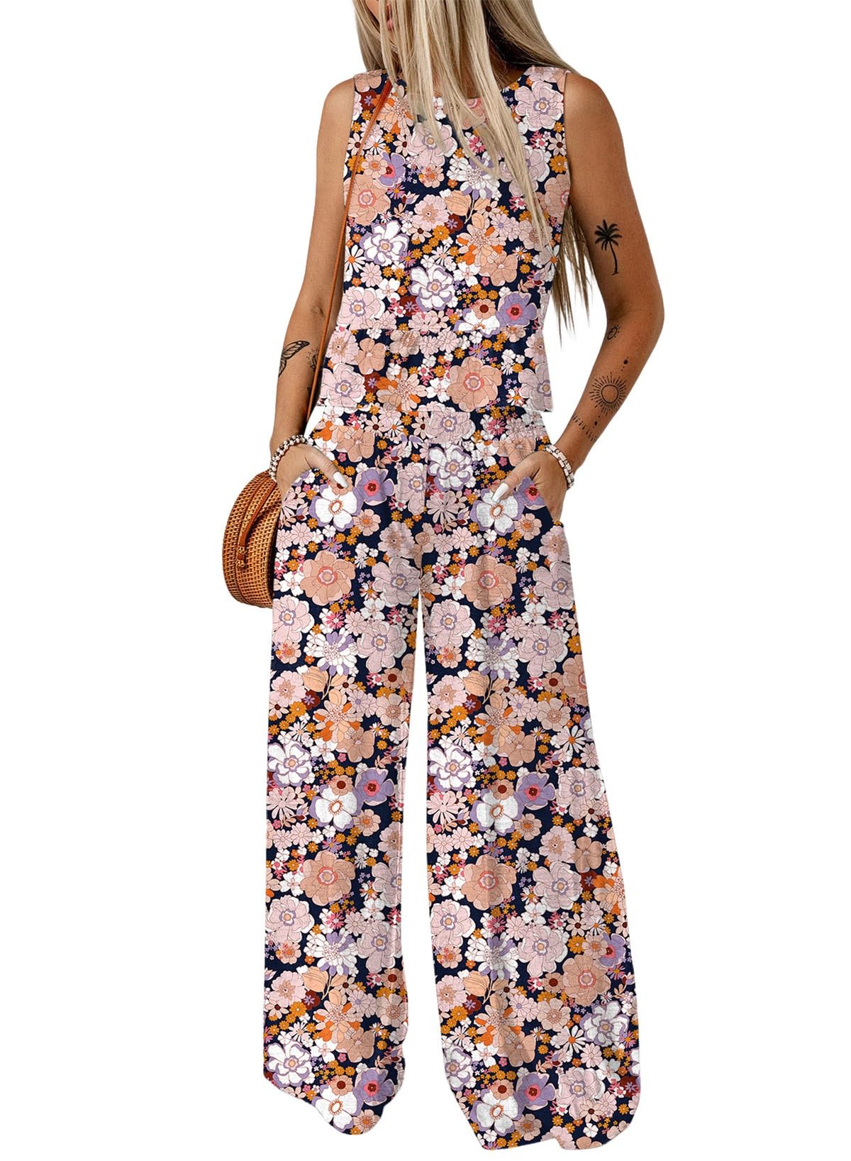 Dokotoo Womens 2 Piece Outfits Tank Tops Elastic Waist Wide Leg Pants Sets
