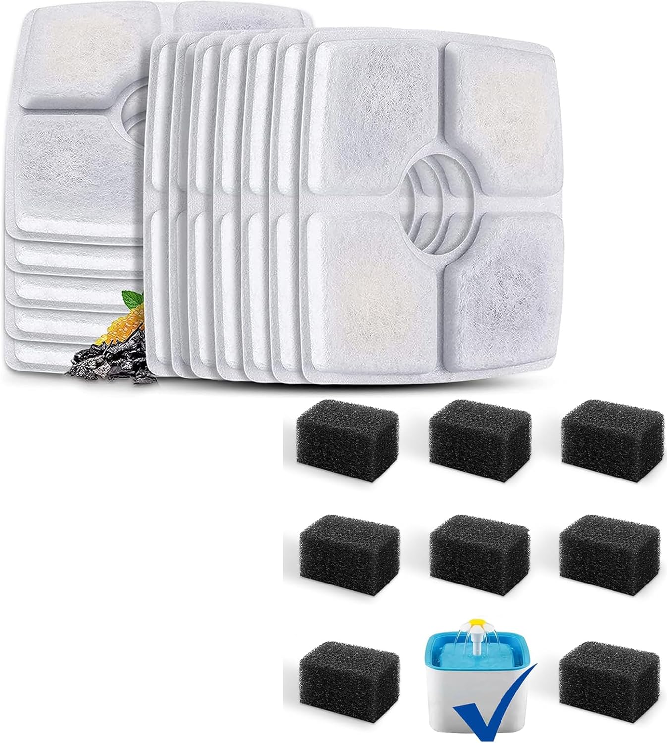 Pack of 12 Pet Fountain Filters and Pack of 8 Sponges