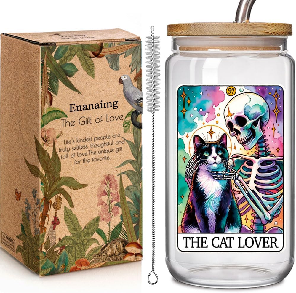 Funny 16oz Cat Glass Cups with Lids and Straws Gifts for Women Girls, Cool Cat Lover Owners Christmas Gifts for Daughter Sister Aunt Best Friends BFF,Cats Decor Stuff Accessories