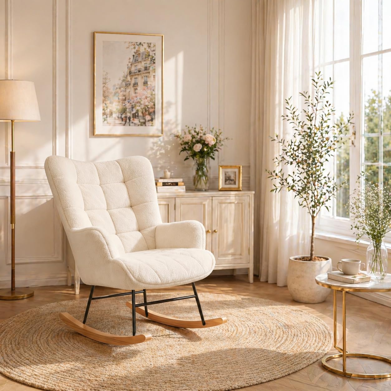 LONELYO Fauteuil à Bascule, Rocking Chair en Tissu Teddy Beige, Fauteuil de Salon avec Assise Rembourrée, Dossier Carré avec Accoudoirs Confortables, Idéal pour Salon et Chambre, Coin Lecture