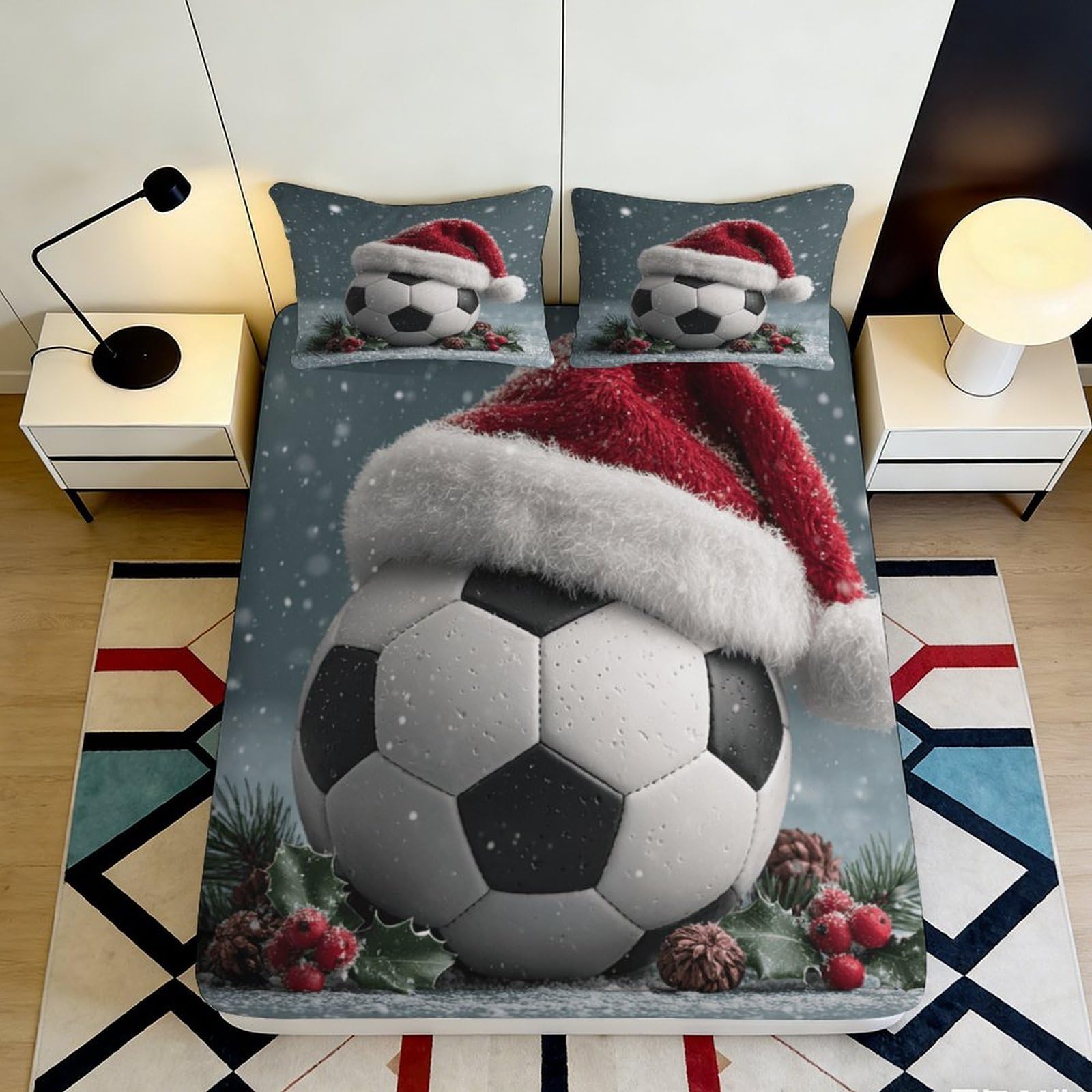 3D Printed Christmas Soccer Fitted Sheet Microfiber Deep Pocket Non-Slip Bedroom Bedding Full Wrap Mattress Fitted Cover for Adults Teens 200x200x25cm
