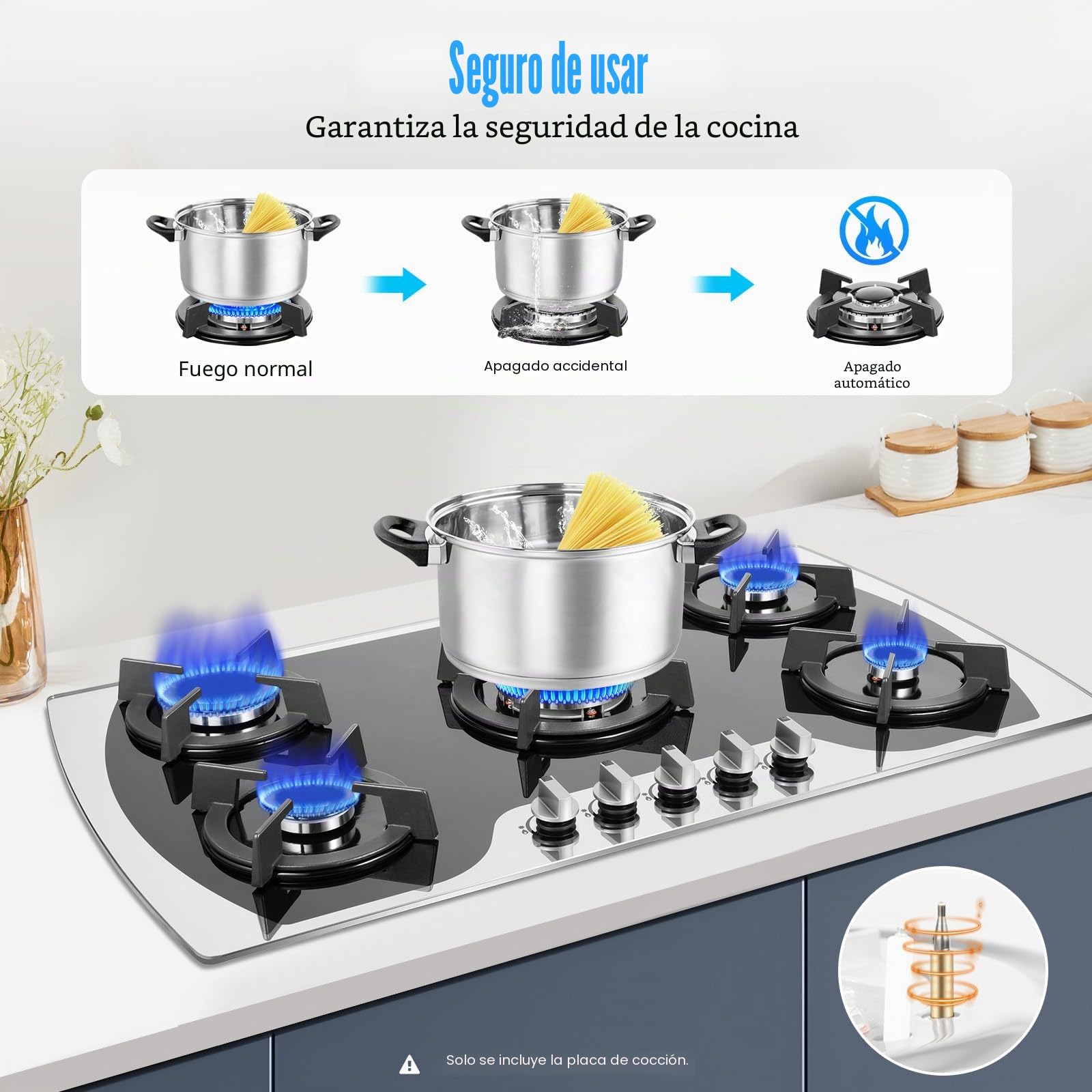 Placa de cocción con 5 quemadores de 5 zonas, quemador de gas, con estante para ollas para cocina doméstica o comercial en casas o restaurantes, 90 cm