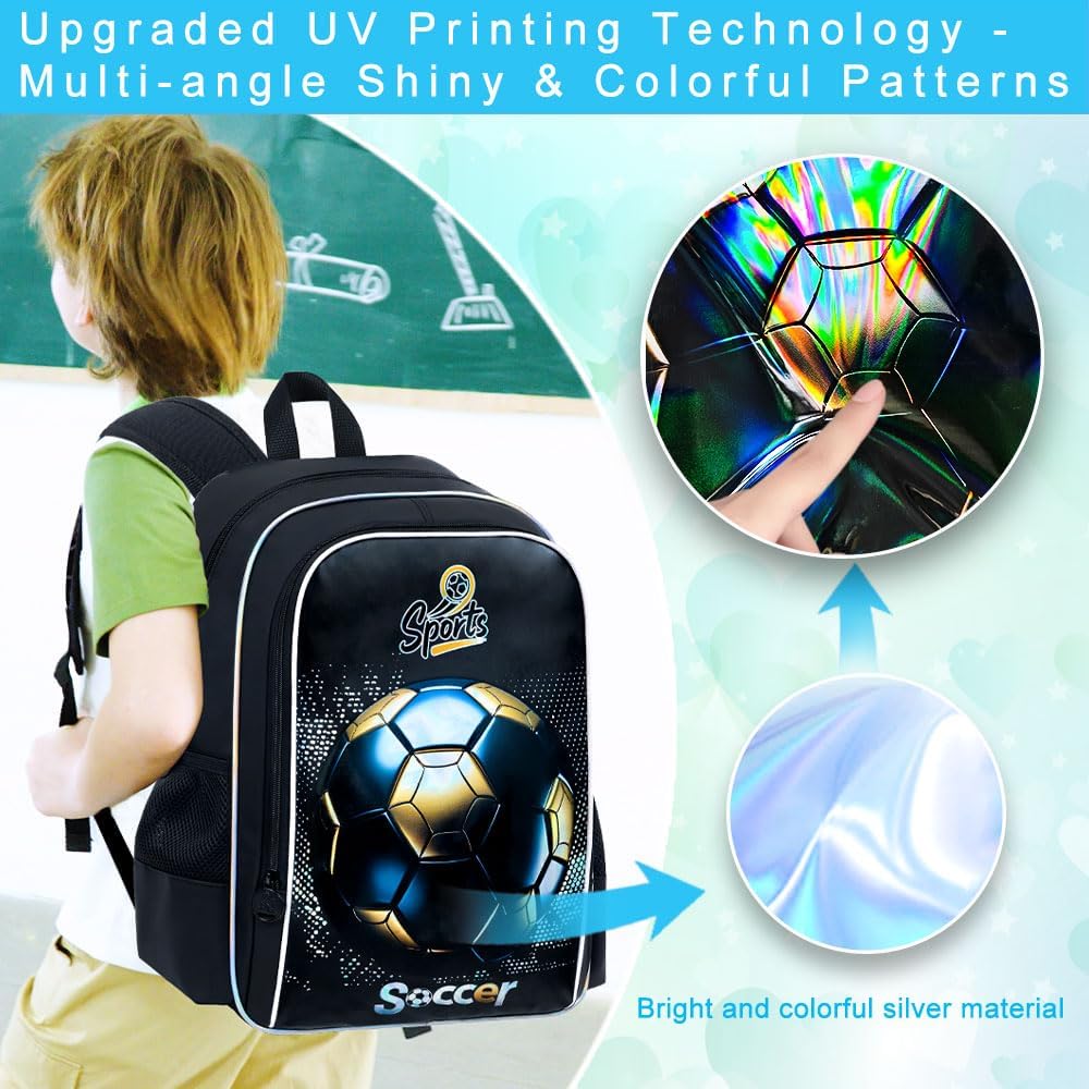 gxtvo 3PCS Soccer Bookbag for Boys, 17" Kids Football Backpack with Lunch Box, Water Resistant Middle Elementary Letter School Bag - Blackgold Football