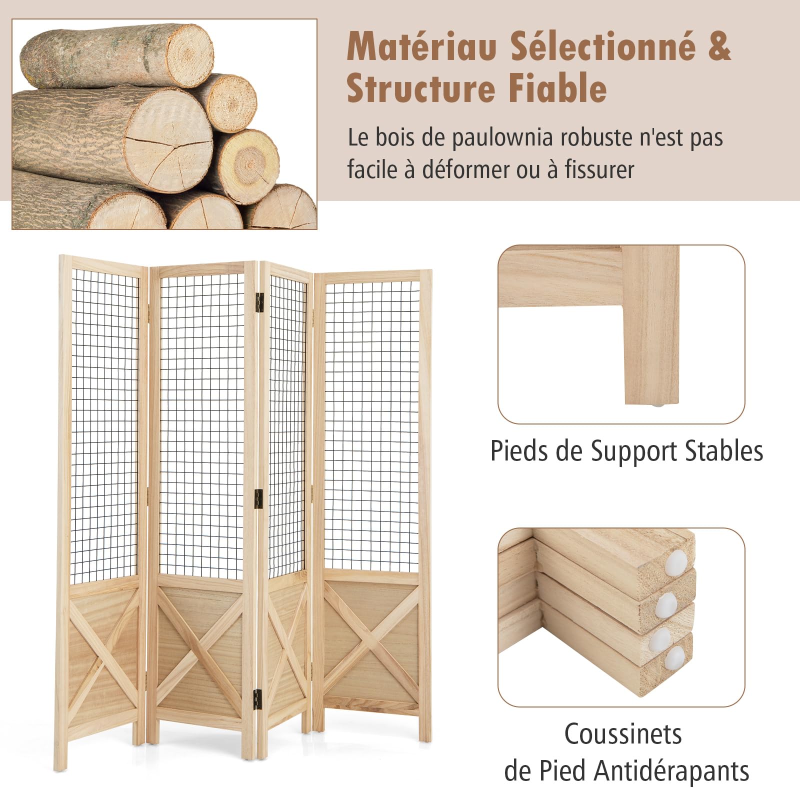 COSTWAY Paravent Interieur 4 Panneaux 151 x 144 cm, Separateur de Pieces Pliable, Bois en Paulownia, Grille, Closion de Separation Interieur, Pieds Antidérapants, pour Chambre Bureau Salon, Naturel