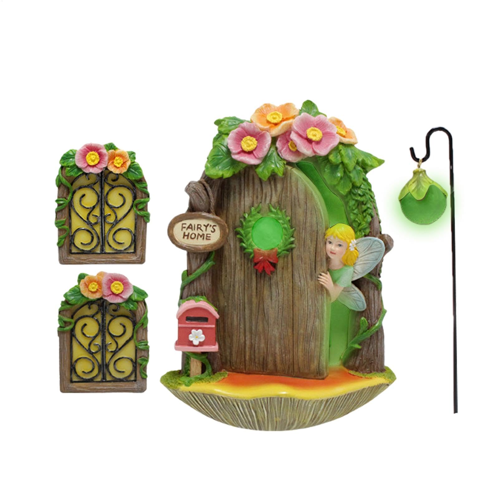 Porte de fée pour arbre en résine avec lanterne lumineuse de jardin