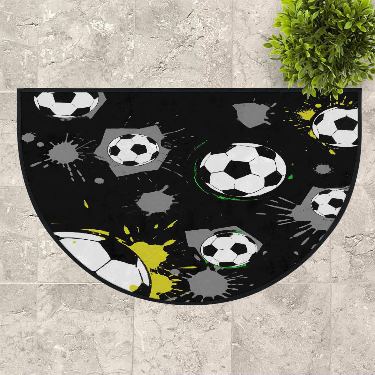 Große halbrunde Fußmatte, schwarz-weiß, Fußballbälle, rutschfest, saugfähig, halbrund, Eingangsbereich, niedlich, weich, halbrund, waschbar, Teppich für Küche, Badezimmer, Schlafzimmer, 160 x