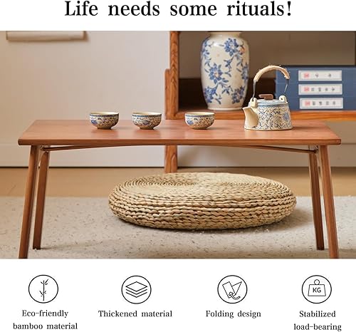 Miniatura 7 de Mesa de piso japonesa, no requiere montaje, mesa auxiliar plegable de bambú, muebles de dormitorio, mesa baja de color nogal para sentarse en el