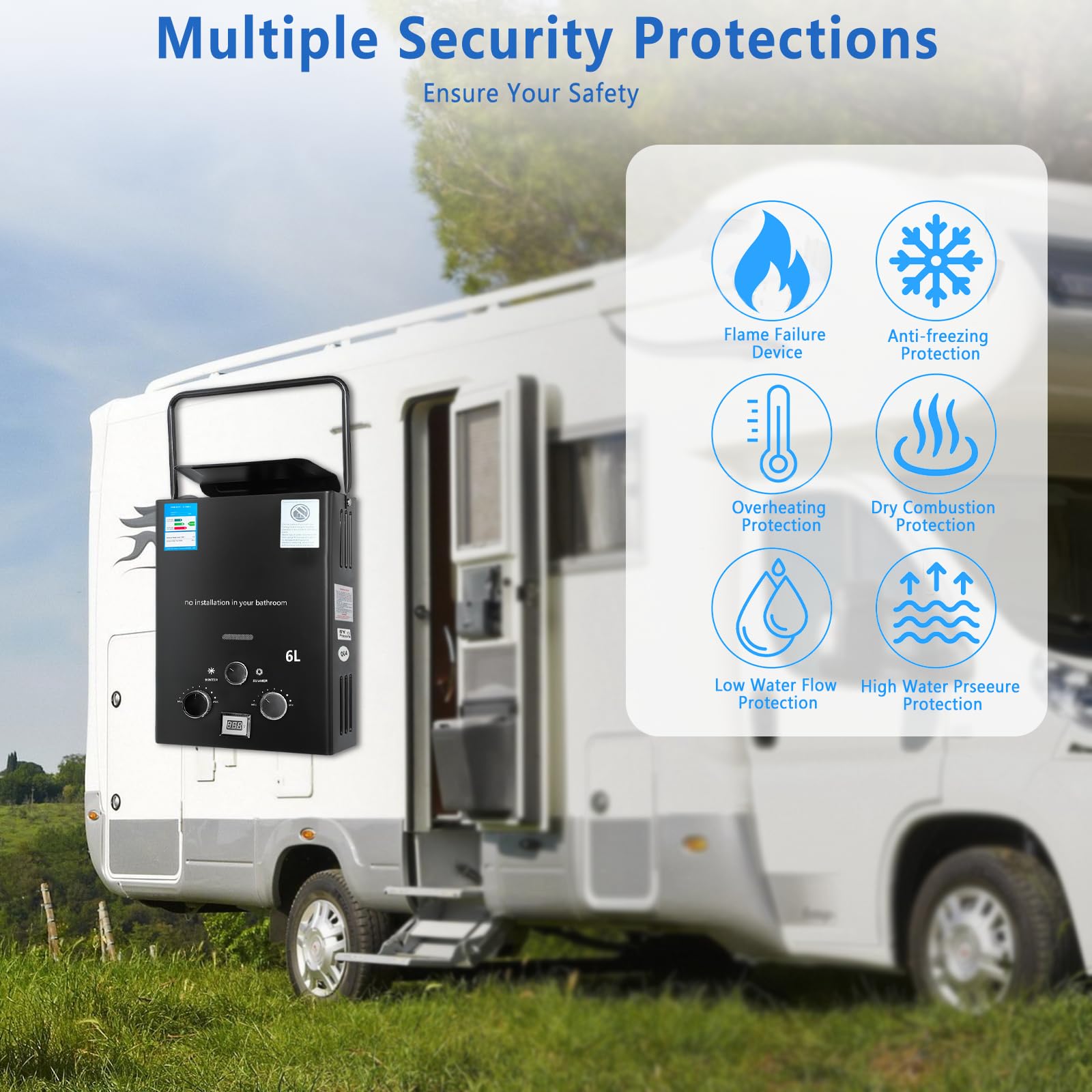 Gas Durchlauferhitzer, 16KW LPG Propangas Durchlauferhitzer, 6L Tragbarkeit Gasdurchlauferhitzer, Heißwasserbereiter Boiler Tankless Instant Boiler, für Camping, Caravaning und Haushalt (mit Henkel)