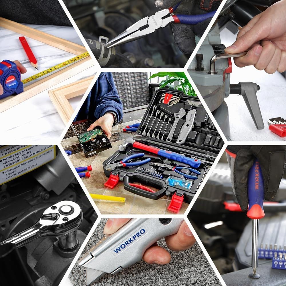 WORKPRO Kit di Attrezzi per la Casa 106 pezzi | Kit di Attrezzi Fai da Te con Custodia di Stoccaggio che Include Cacciaviti, Pinze, Chiavi, Martello, Metro a Nastro, Chiave Esagonale, Coltello