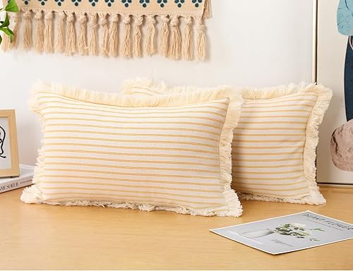 Miniatura 3 de Juego de 2 fundas de almohada bohemias de color amarillo de 12 x 20 pulgadas, almohada neutra de algodón con flecos de borlas, funda de cojín