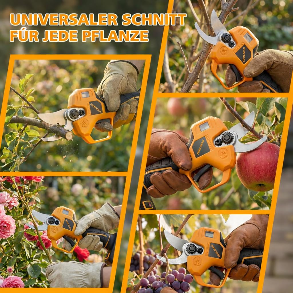 TOOLMAK Cesoia a Batteria da Potatura 20V Brushless Motore, Taglio 25 mm | Forbici Elettrica da Giardino Professionali per Vigneto, Batteria al Litio, Alberi da Frutto e Siepi （1 Batteria）