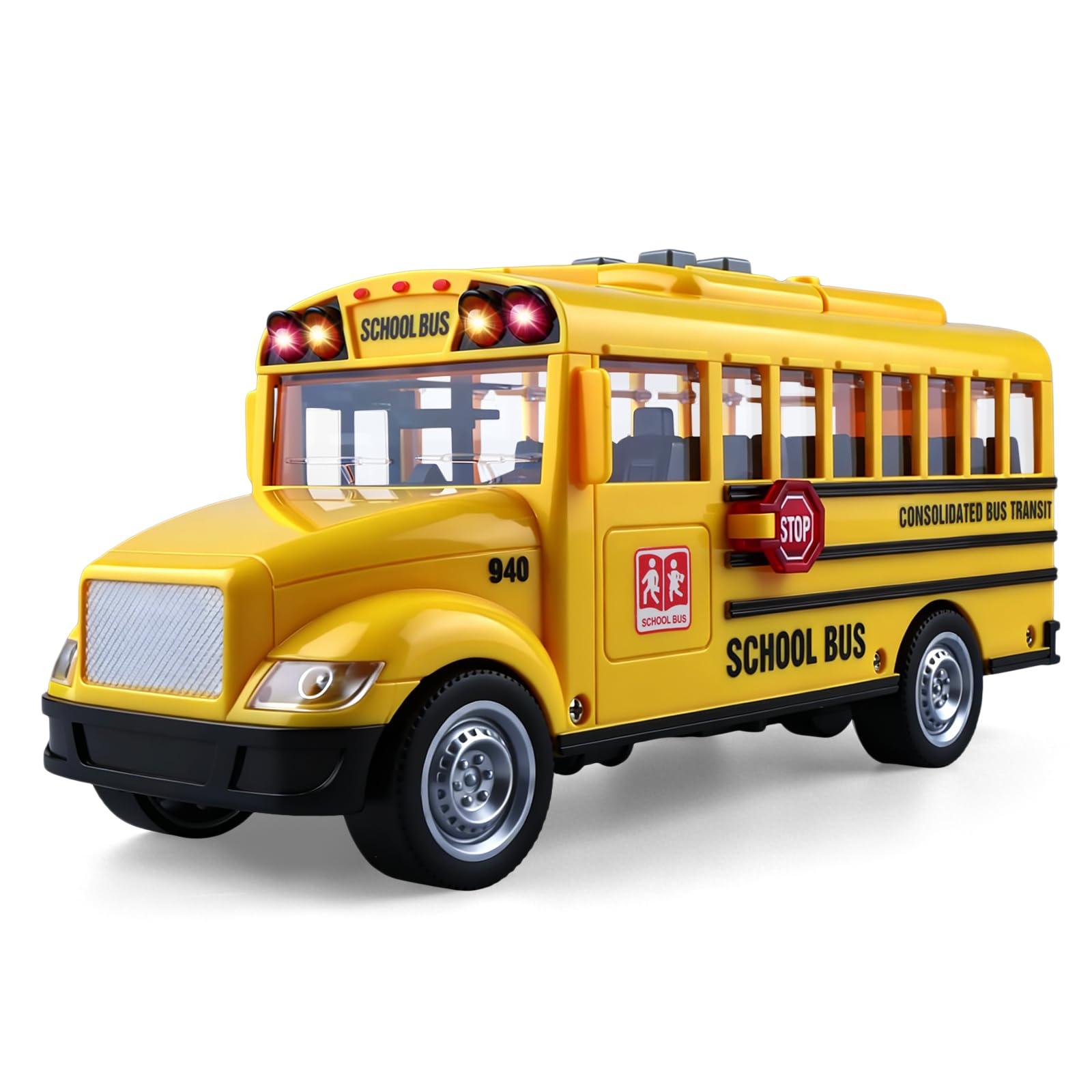 VYKOBLO School Bus Toy for Kids, Friction Powered Bus with Lights and Sounds, Opening Doors, Toy Vehicle for Boys Girls Ages 3-5, Birthday