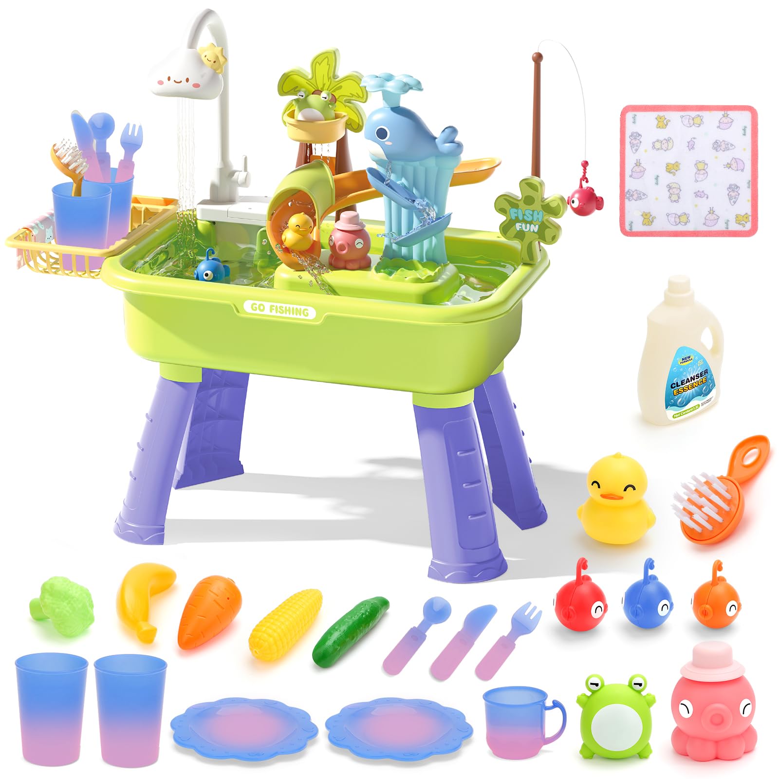 deAO 4 IN 1 Juego de Mesa de Arena y Agua, Multifuncional Electrico Fregadero Cocina Juguete, Pesca, Vajilla que Cambia de Color, Accesorios de Cocina, Juguetes para Exterior Regalo para Niños 3+ Años