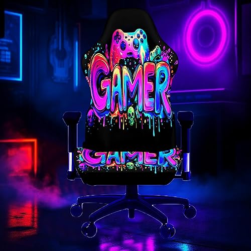 Miniatura 3 de Blacklight - Funda para silla de juegos, protector de silla de deportes electrónicos reactivo a los rayos UV con diseño de calavera de neón para