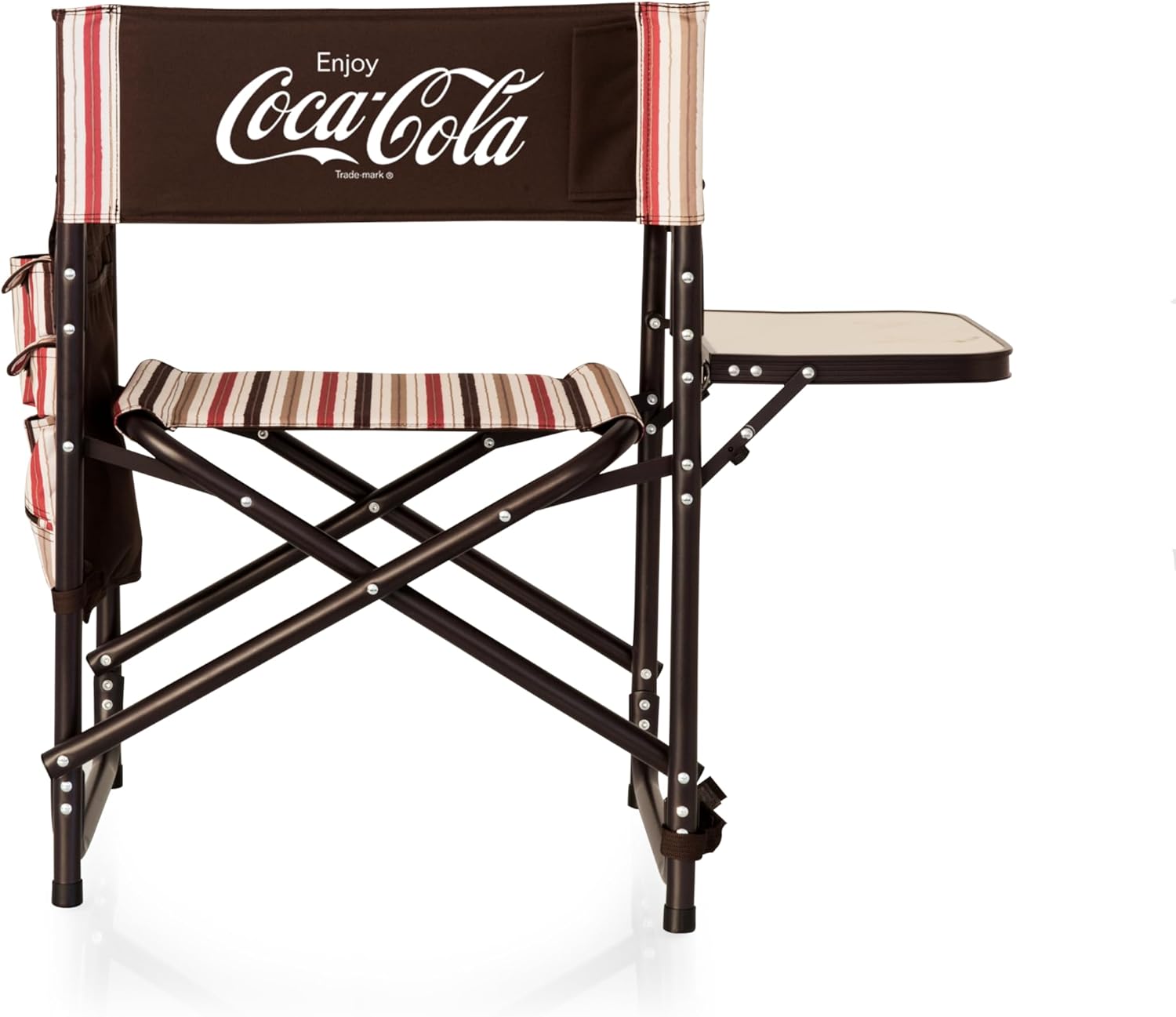 Picnic TIME Coca Cola Enjoy Coke Sports Chair with Side Table, Folding Outdoor Camp Chair with Carry Strap Insulated Beverage Pouch and Storage Pockets for Beach Park and Events, (Moka Collection)