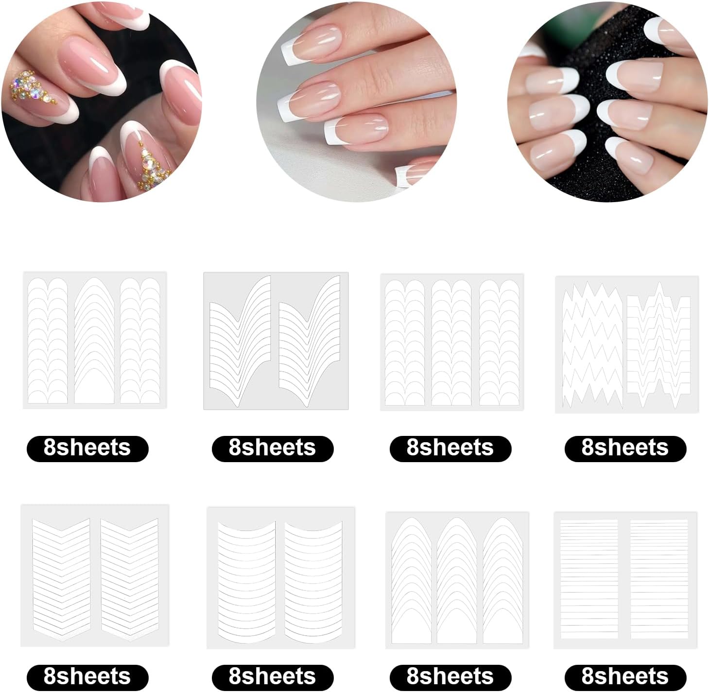 64 Sheets French Tip Nail Guides French Tip Nail Art Stickers Wave Lines Self-Adhesive Manicure Strips Stickers Tape for Manicure Edge Auxiliary DIY Decor Stencil Set(11 Designs)